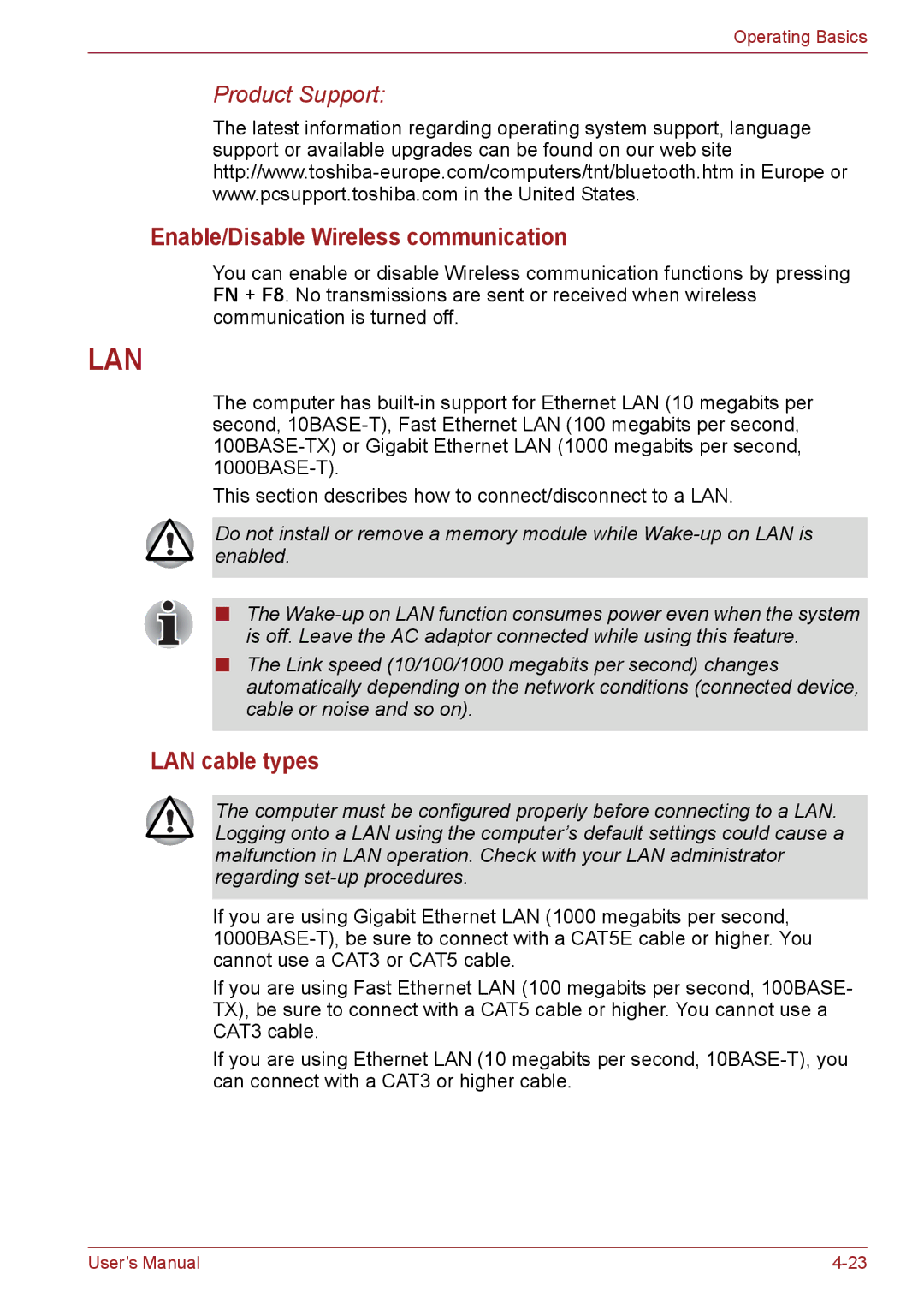 Toshiba C655, C650, C66 user manual Enable/Disable Wireless communication, LAN cable types 