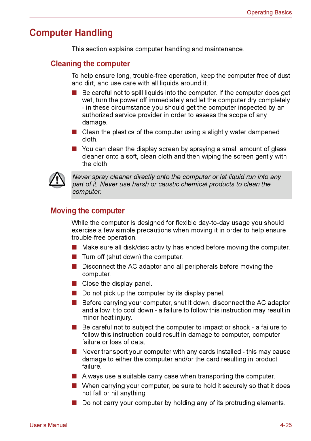 Toshiba C66, C655, C650 user manual Computer Handling, Cleaning the computer, Moving the computer 