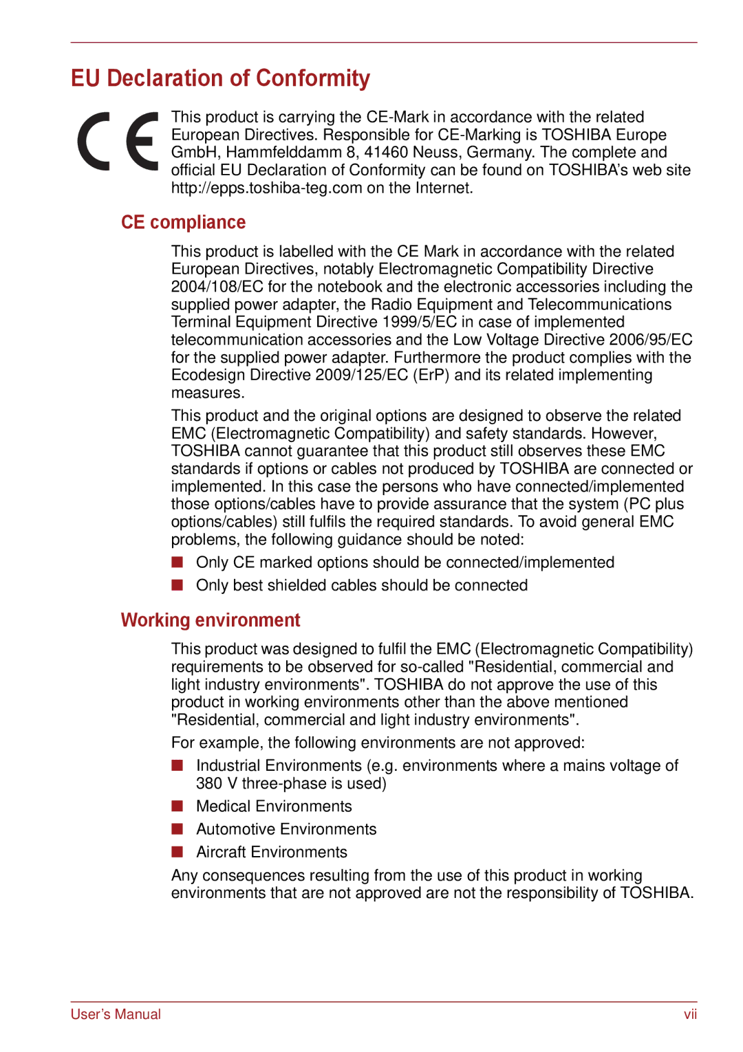 Toshiba C650, C655, C66 user manual EU Declaration of Conformity, CE compliance, Working environment 