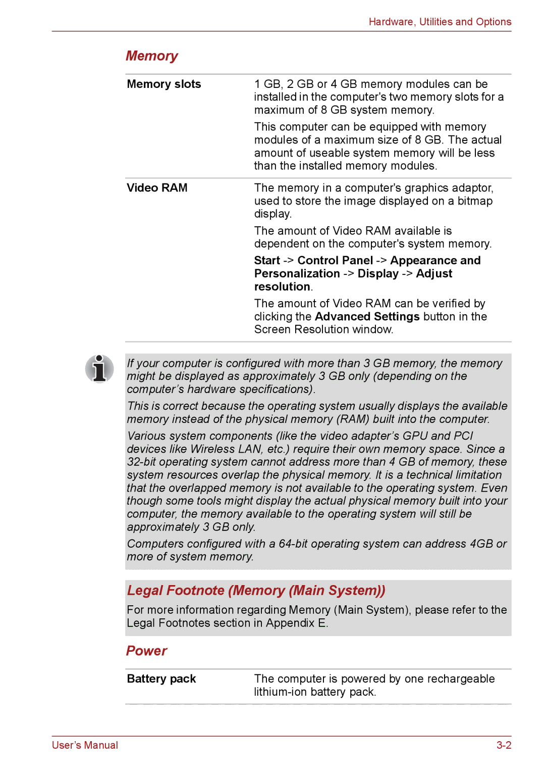 Toshiba C66, C655, C650 user manual Legal Footnote Memory Main System, Power 