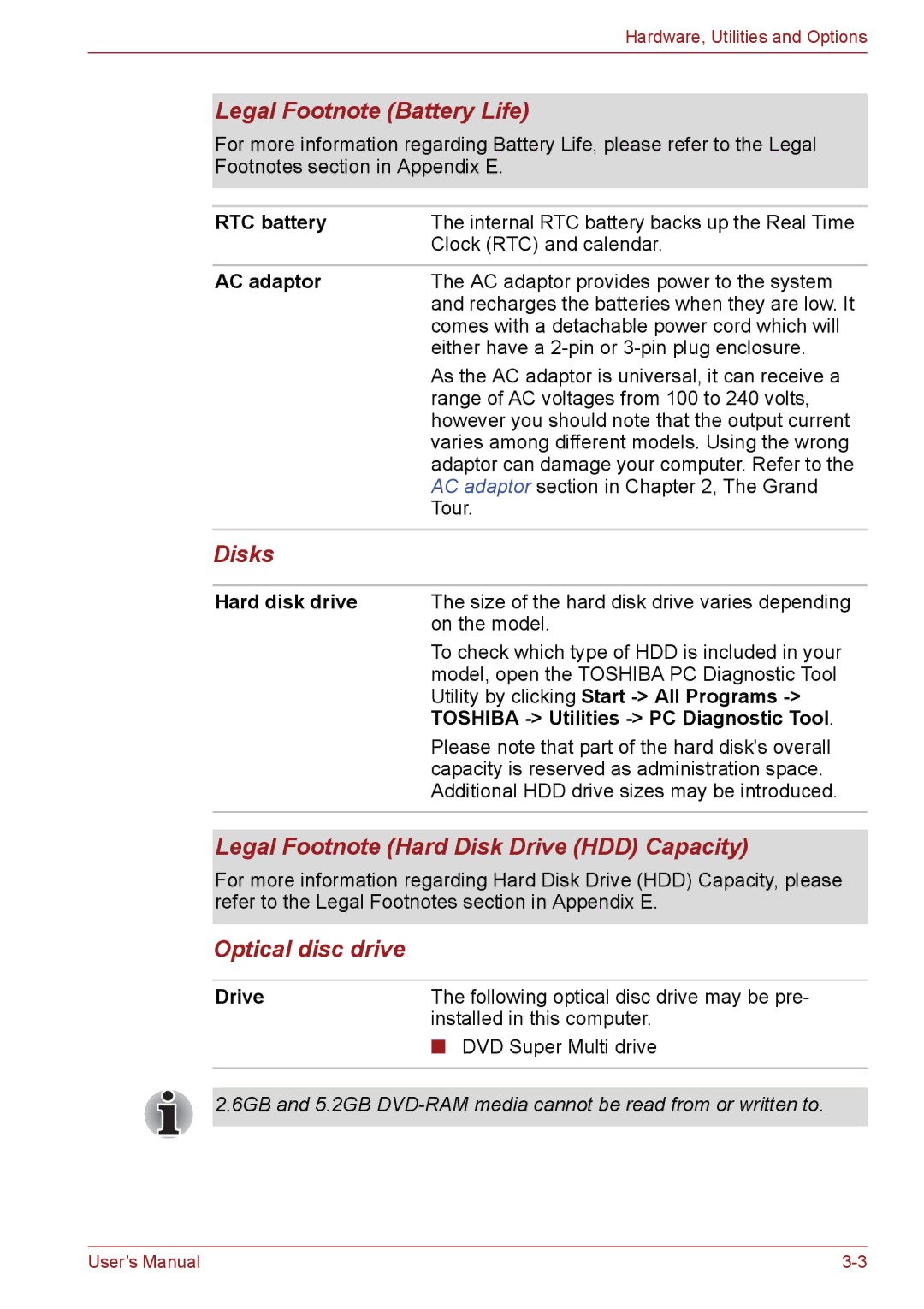 Toshiba C655, C650, C66 Legal Footnote Battery Life, Disks, Legal Footnote Hard Disk Drive HDD Capacity, Optical disc drive 