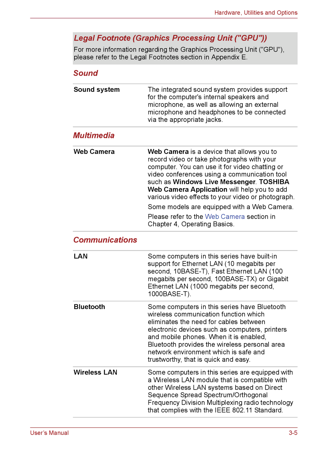 Toshiba C66, C655, C650 user manual Legal Footnote Graphics Processing Unit GPU, Sound, Multimedia, Communications 