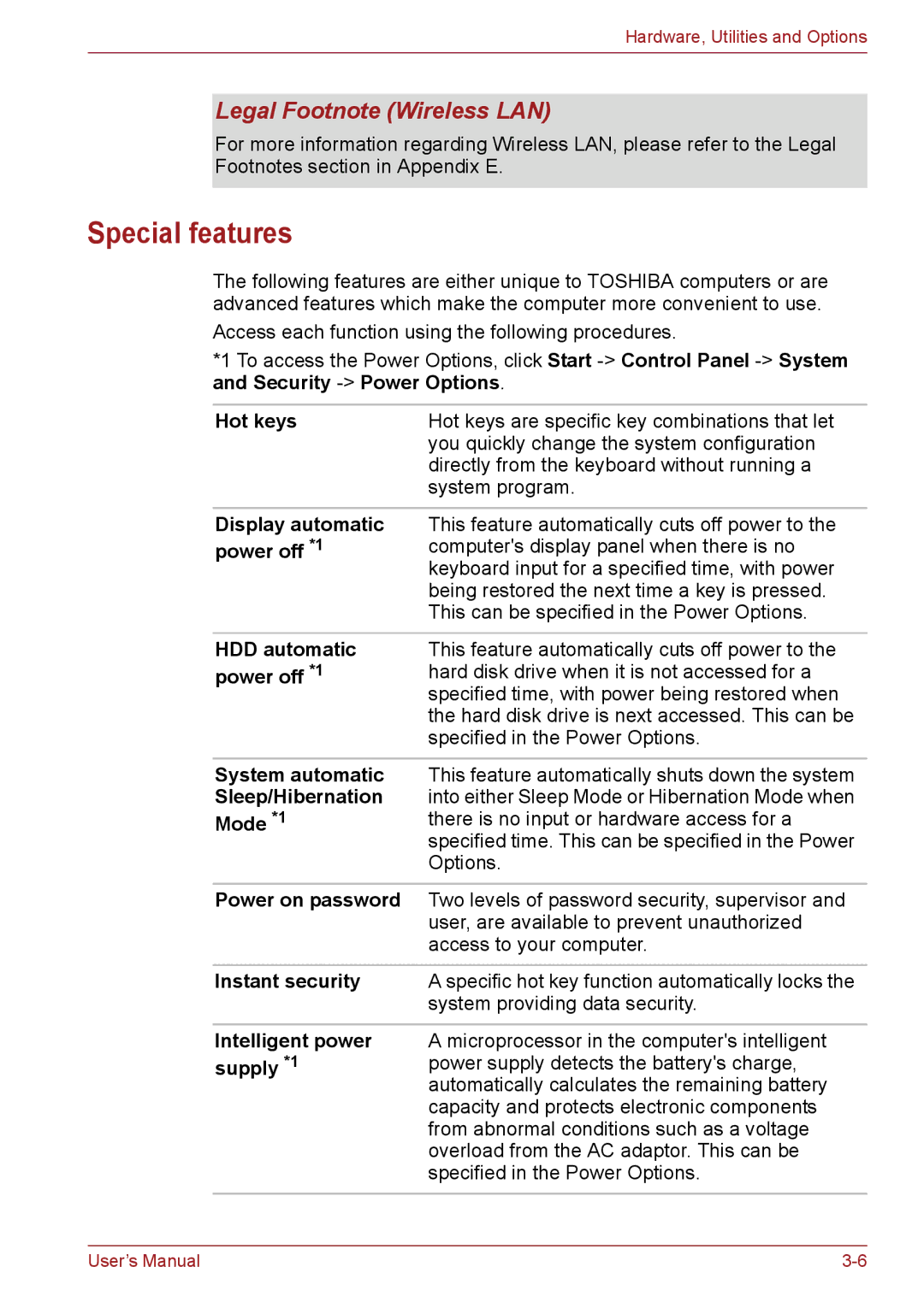 Toshiba C655, C650, C66 user manual Special features, Legal Footnote Wireless LAN 