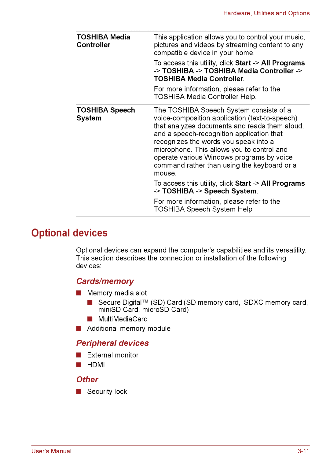 Toshiba C66, C655, C650 user manual Optional devices, Cards/memory, Peripheral devices, Other 