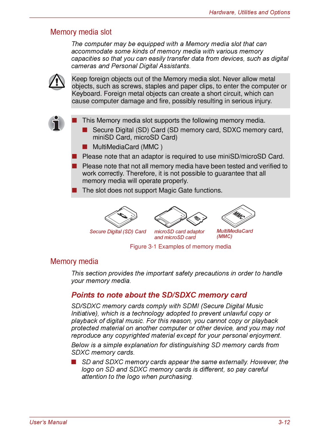 Toshiba C655, C650, C66 user manual Memory media slot, Points to note about the SD/SDXC memory card 