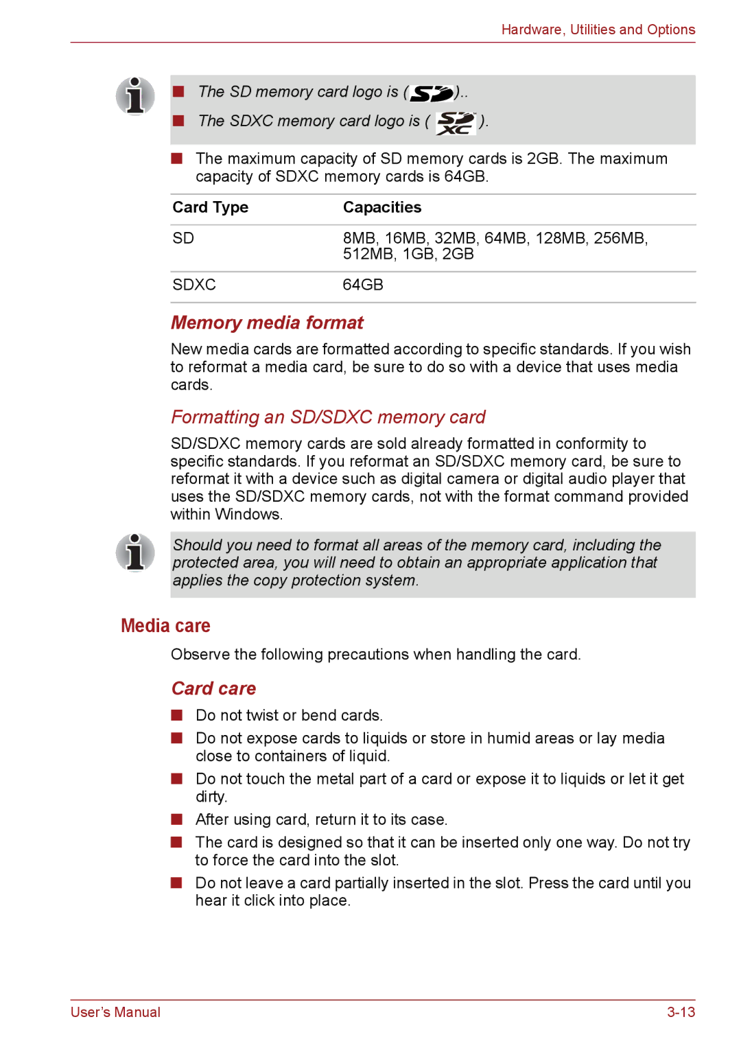 Toshiba C650, C655, C66 user manual Media care, Memory media format, Card care, Card Type Capacities 