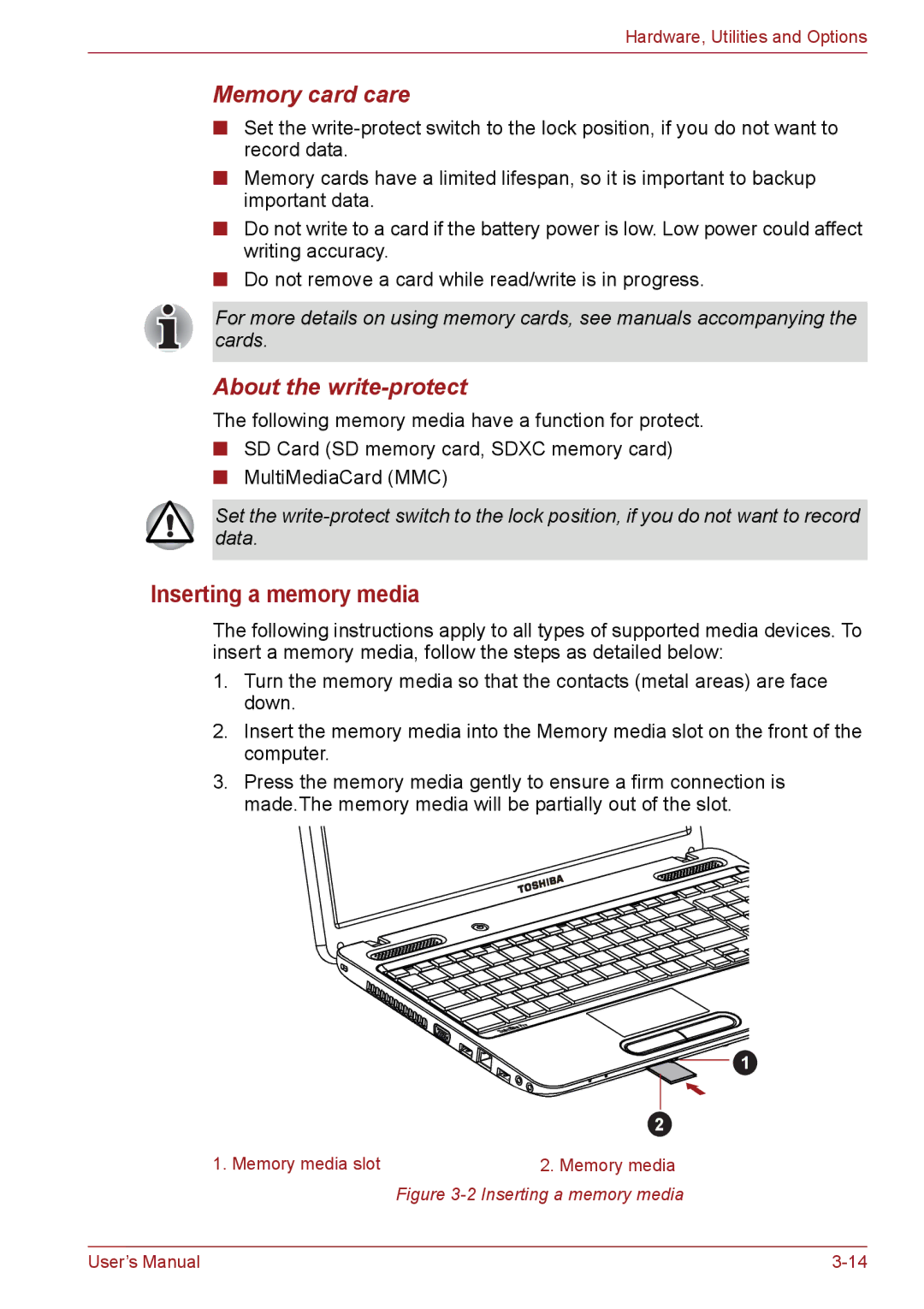 Toshiba C66, C655, C650 user manual Inserting a memory media, Memory card care, About the write-protect 