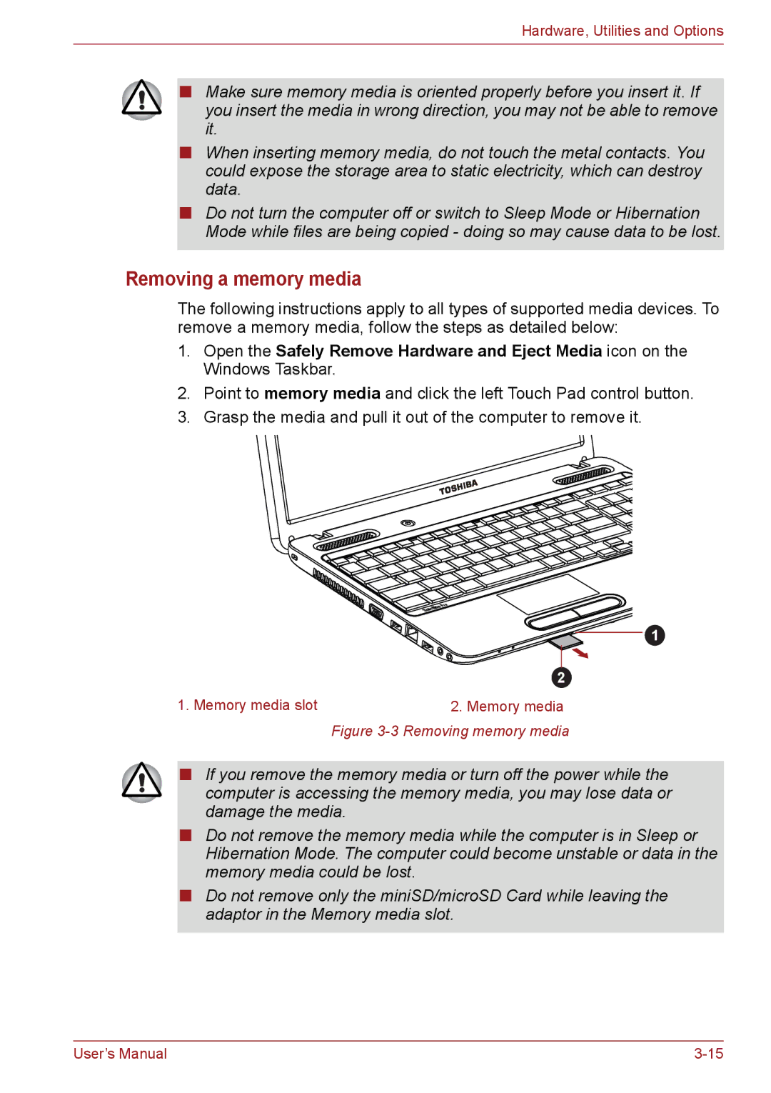 Toshiba C655, C650, C66 user manual Removing a memory media, Removing memory media 