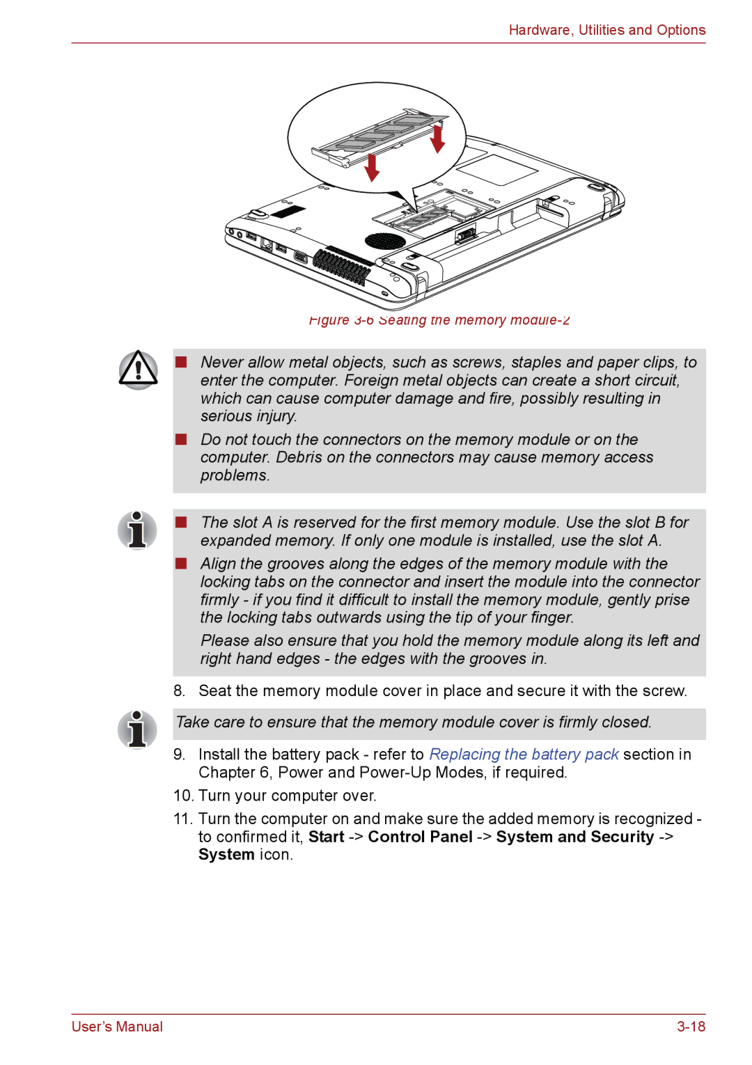 Toshiba C655, C650, C66 user manual Seating the memory module-2 