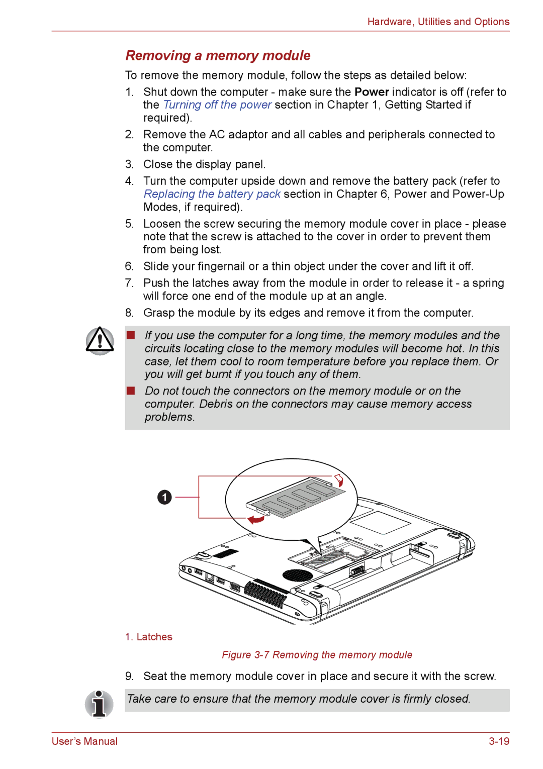 Toshiba C650, C655, C66 user manual Removing a memory module, Removing the memory module 