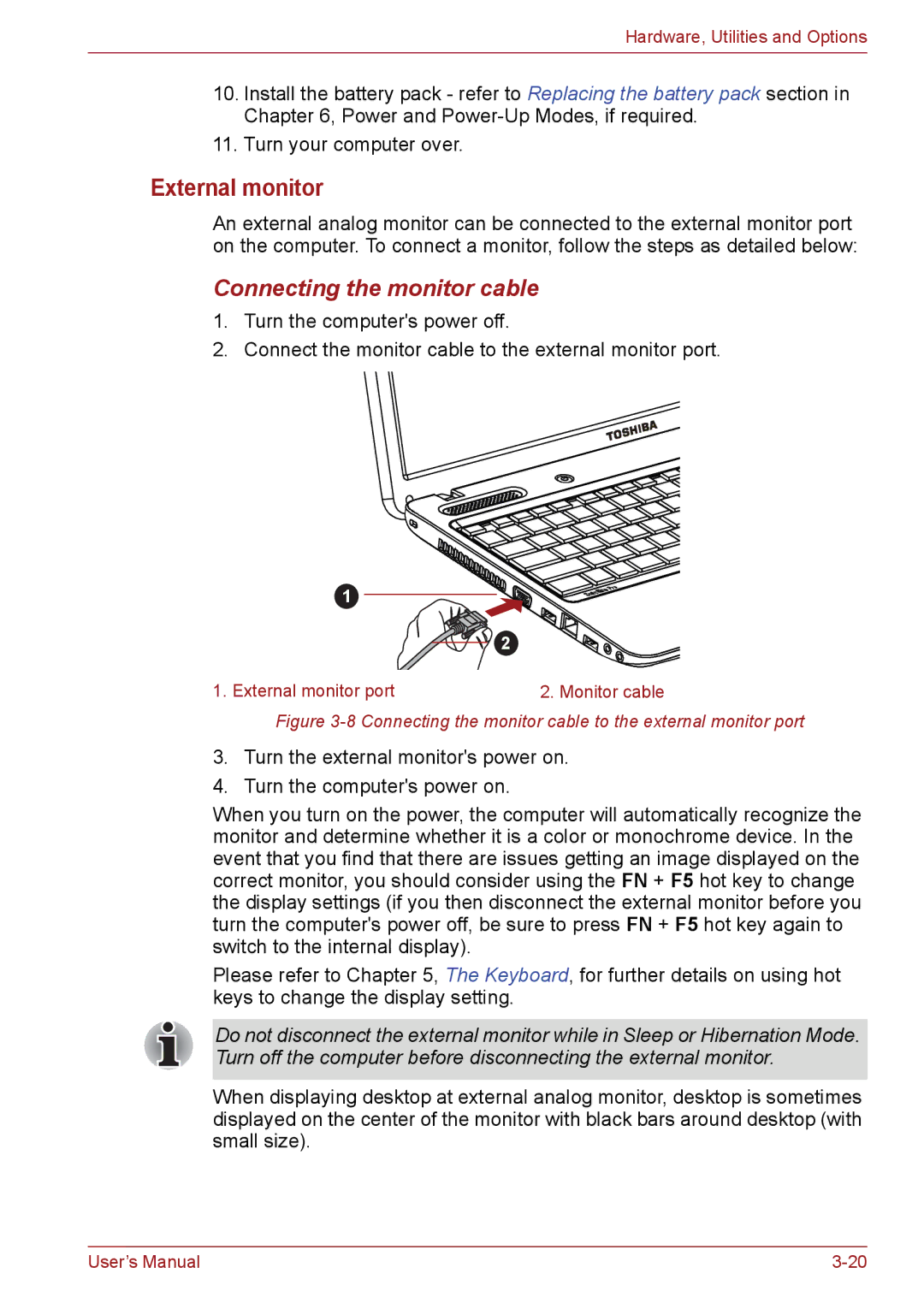 Toshiba C66, C655, C650 user manual External monitor, Connecting the monitor cable 