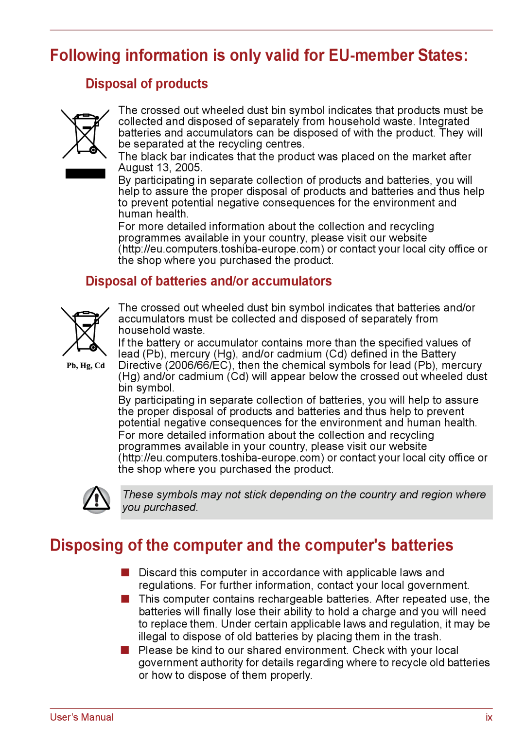 Toshiba C655, C650, C66 user manual Following information is only valid for EU-member States, Disposal of products 