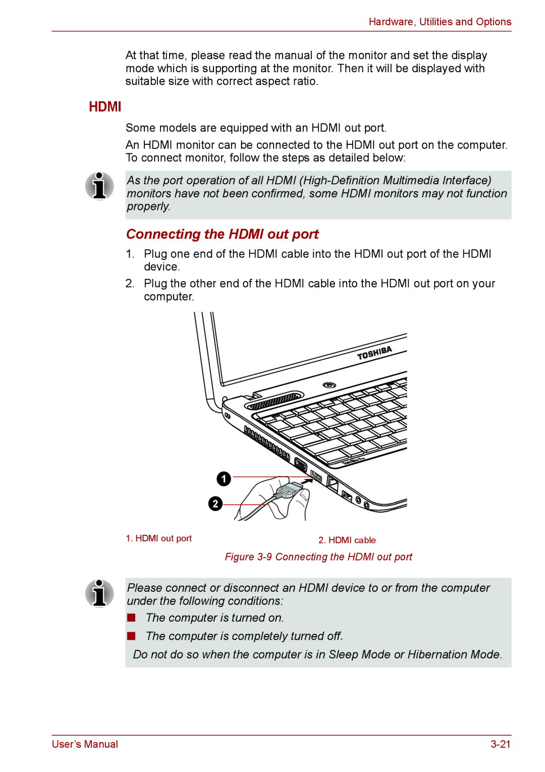 Toshiba C655, C650, C66 user manual Connecting the Hdmi out port 