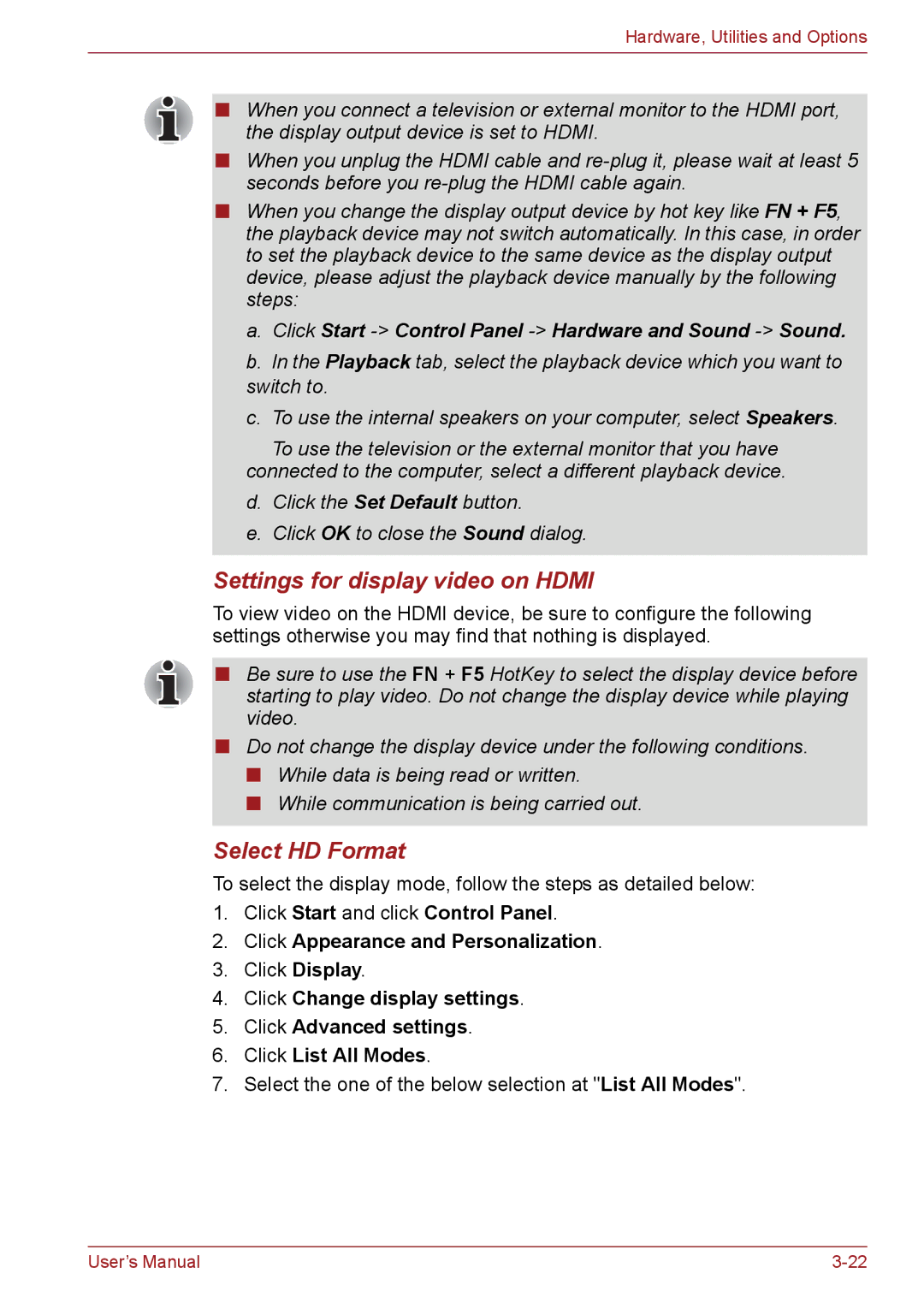 Toshiba C650, C655, C66 user manual Settings for display video on Hdmi, Select HD Format 