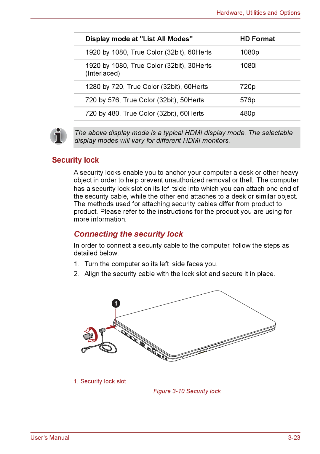 Toshiba C66, C655, C650 user manual Security lock, Connecting the security lock, Display mode at List All Modes HD Format 