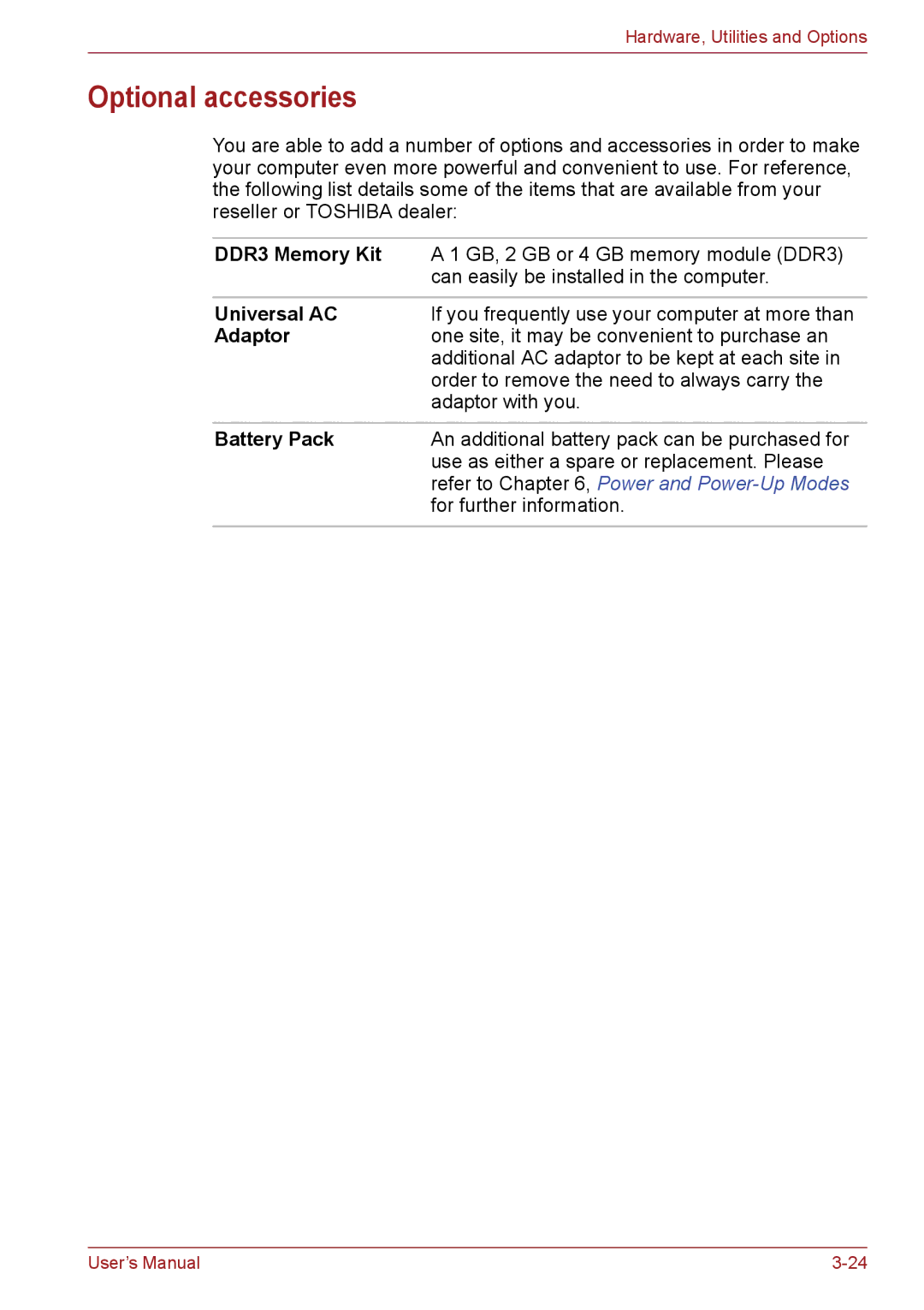 Toshiba C655, C650, C66 user manual Optional accessories, DDR3 Memory Kit, Universal AC, Adaptor 