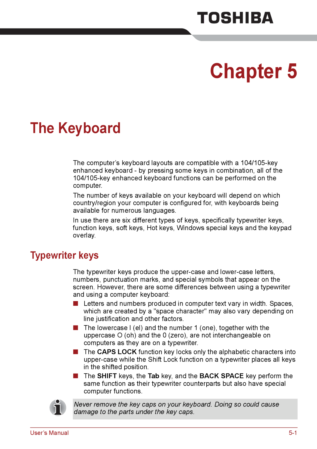 Toshiba C650, C655, C66 user manual Keyboard, Typewriter keys 