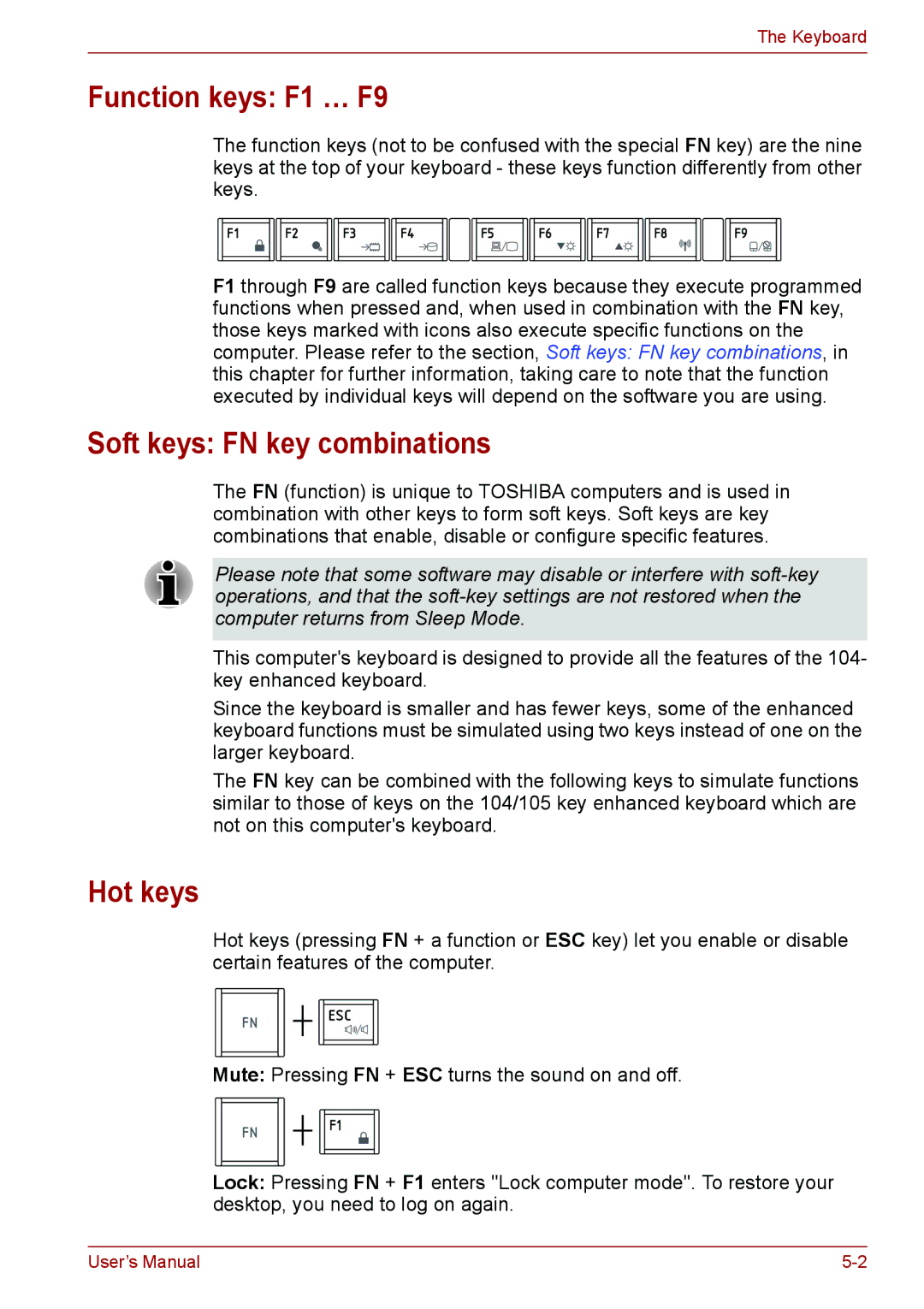 Toshiba C66, C655, C650 user manual Function keys F1 … F9, Soft keys FN key combinations, Hot keys 