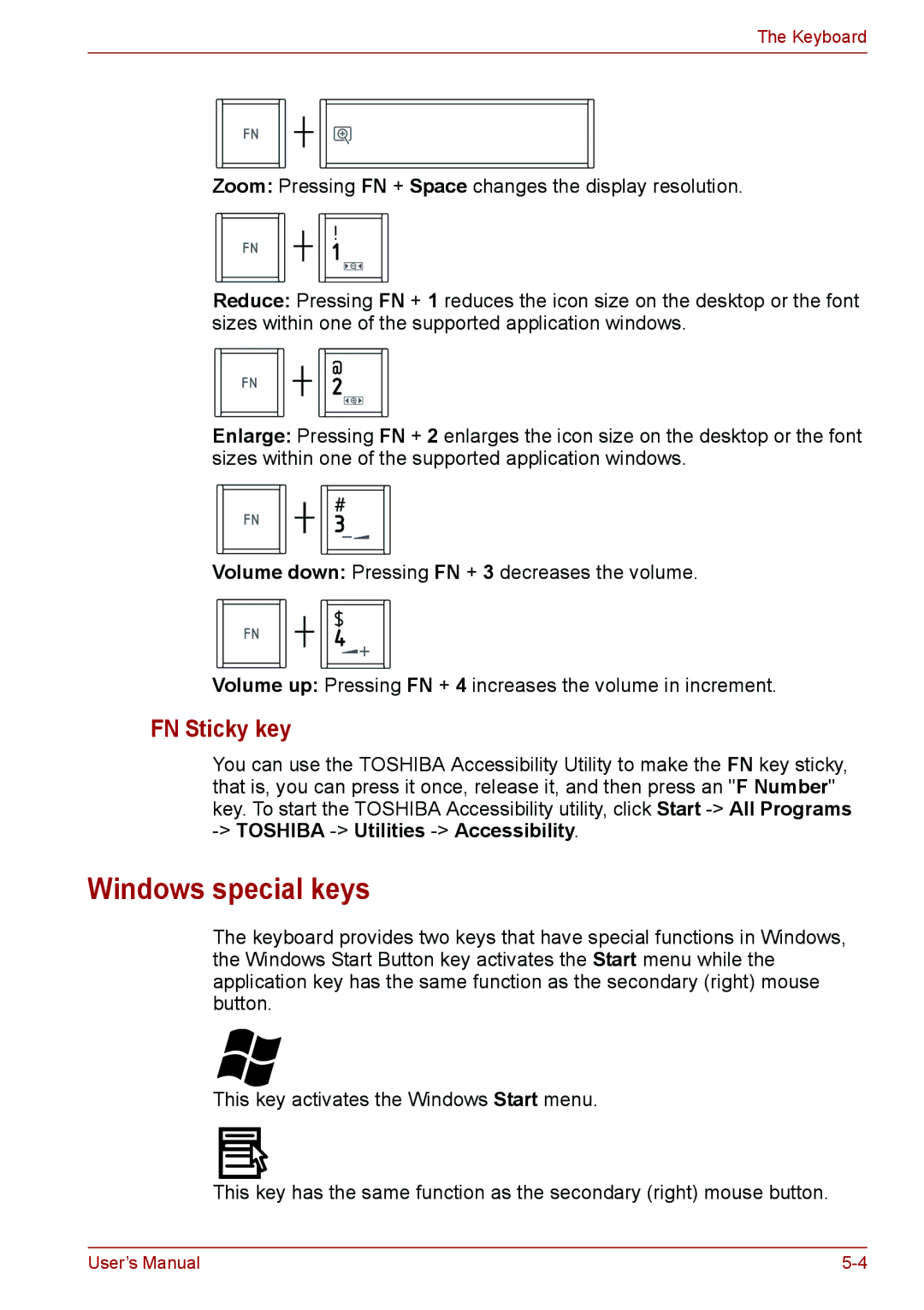 Toshiba C650, C655, C66 user manual Windows special keys, FN Sticky key 