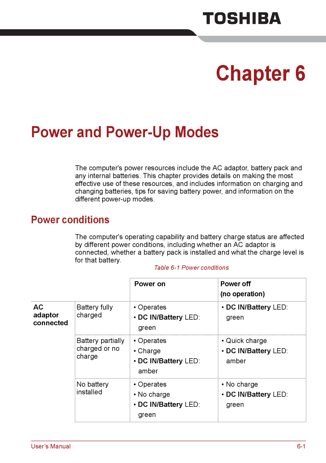 Toshiba C655, C650, C66 user manual Power and Power-Up Modes, Power conditions 