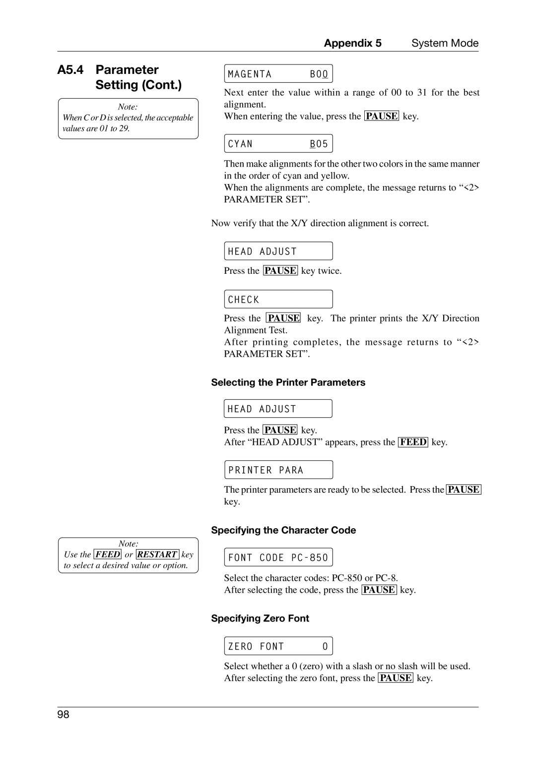 Toshiba CB-416-T3-QQ owner manual Magenta B00, Cyan B05, Check, Printer Para, Font Code PC-850, Zero Font 