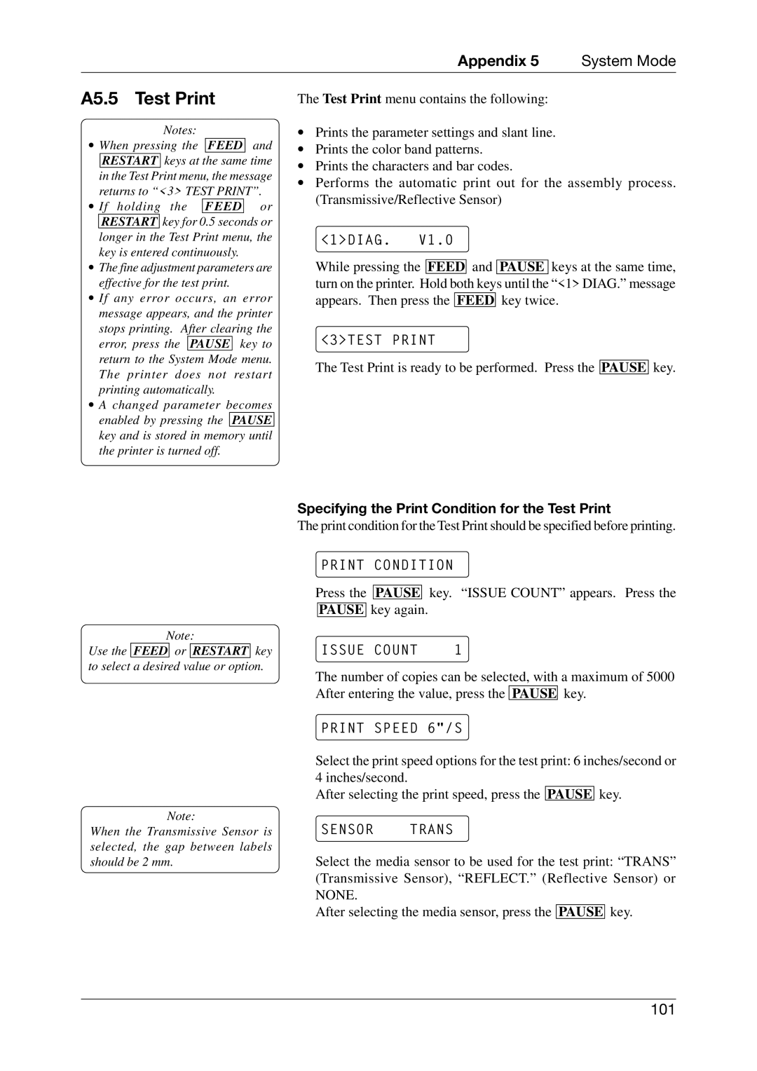 Toshiba CB-416-T3-QQ owner manual A5.5 Test Print, Specifying the Print Condition for the Test Print, Pause key again 