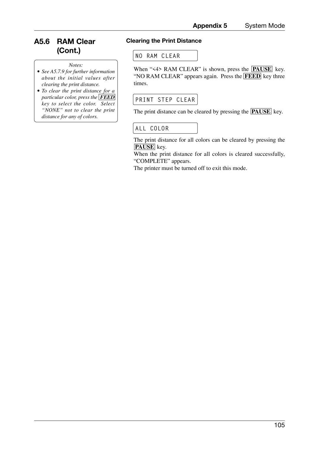 Toshiba CB-416-T3-QQ owner manual Clearing the Print Distance, Print Step Clear, ALL Color 