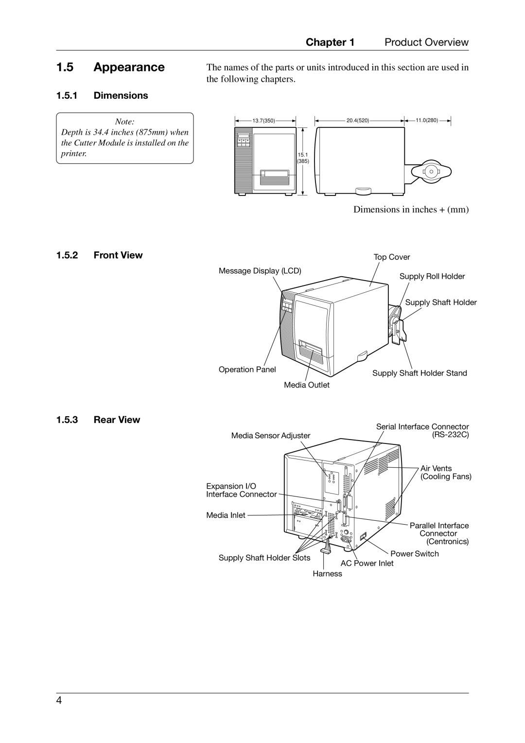 Toshiba CB-416-T3-QQ owner manual Appearance, Dimensions, Front View, Rear View 