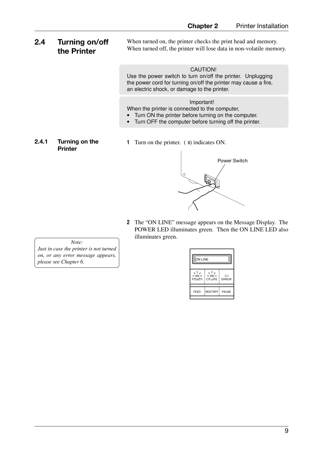 Toshiba CB-416-T3-QQ owner manual Turning on/off the Printer, Turning on the Printer 