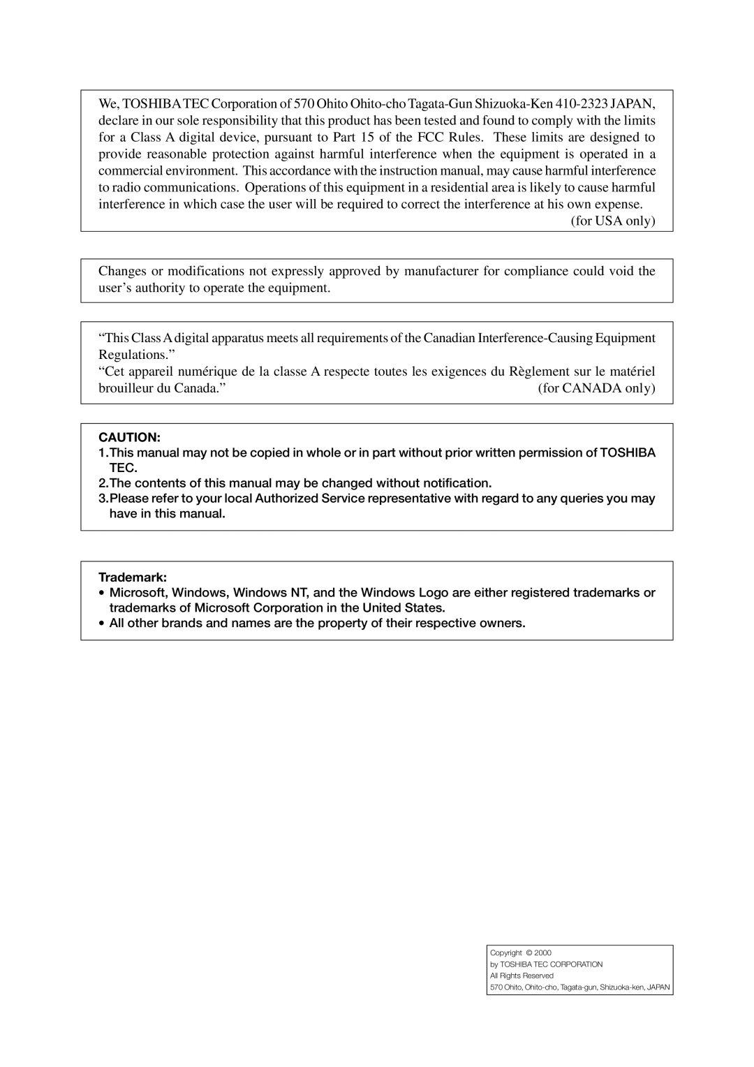 Toshiba CB-416-T3-QQ owner manual For Canada onl y 