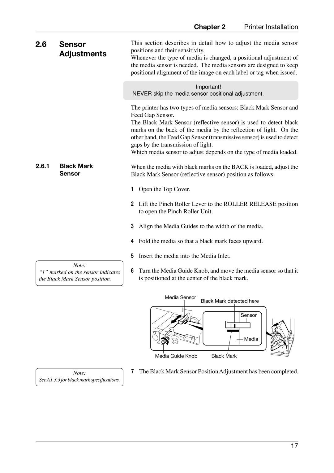 Toshiba CB-416-T3-QQ owner manual Sensor Adjustments, Black Mark Sensor 