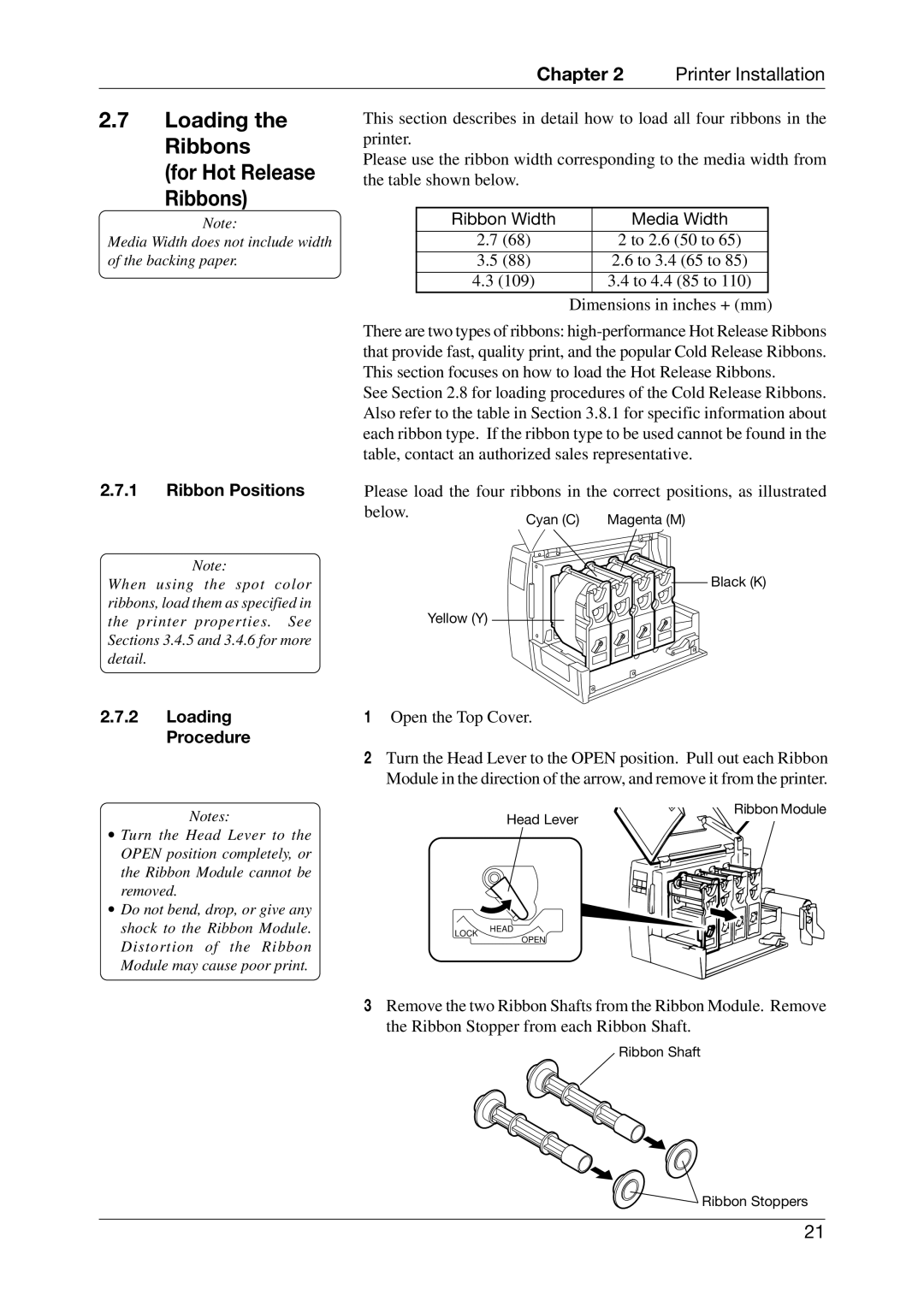 Toshiba CB-416-T3-QQ Loading the Ribbons For Hot Release, Ribbon Positions, Ribbon Width Media Width, Loading Procedure 