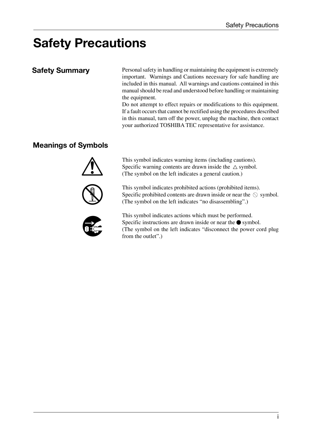 Toshiba CB-416-T3-QQ owner manual Safety Precautions, Safety Summary, Meanings of Symbols 