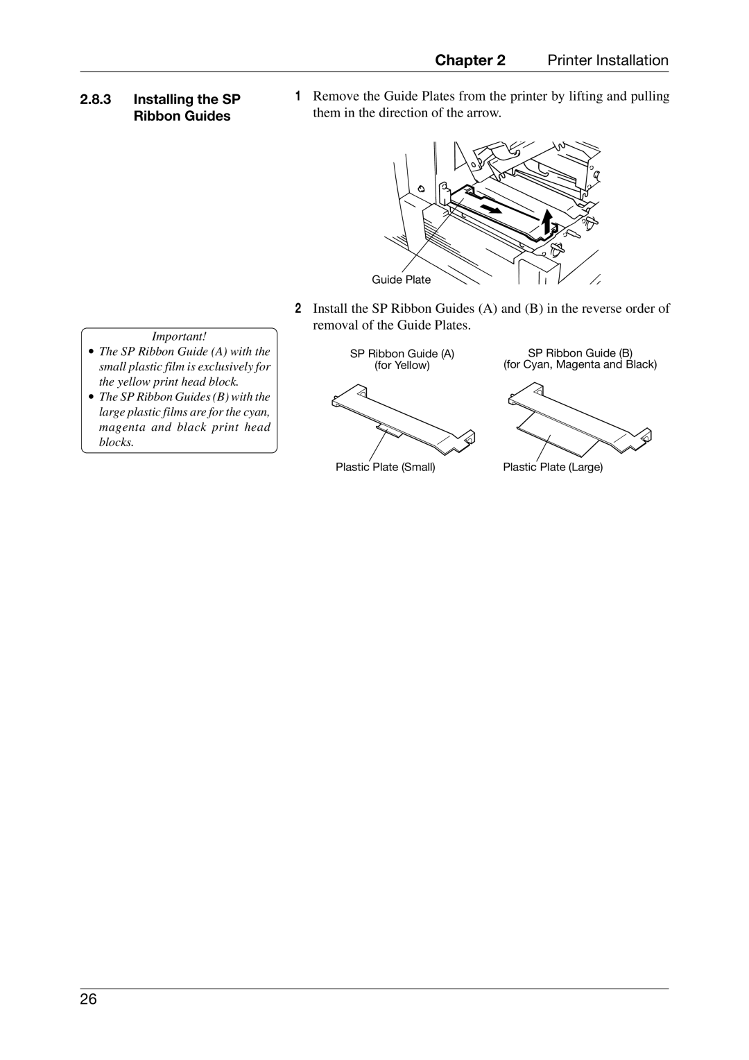 Toshiba CB-416-T3-QQ owner manual Installing the SP, Ribbon Guides, Them in the direction of the arrow 