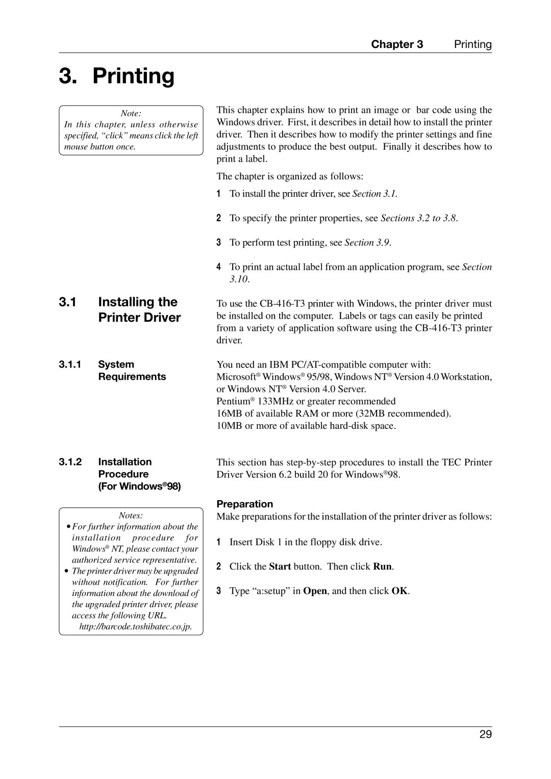 Toshiba CB-416-T3-QQ owner manual Printing, System Requirements, Installation Procedure For Windows98, Preparation 