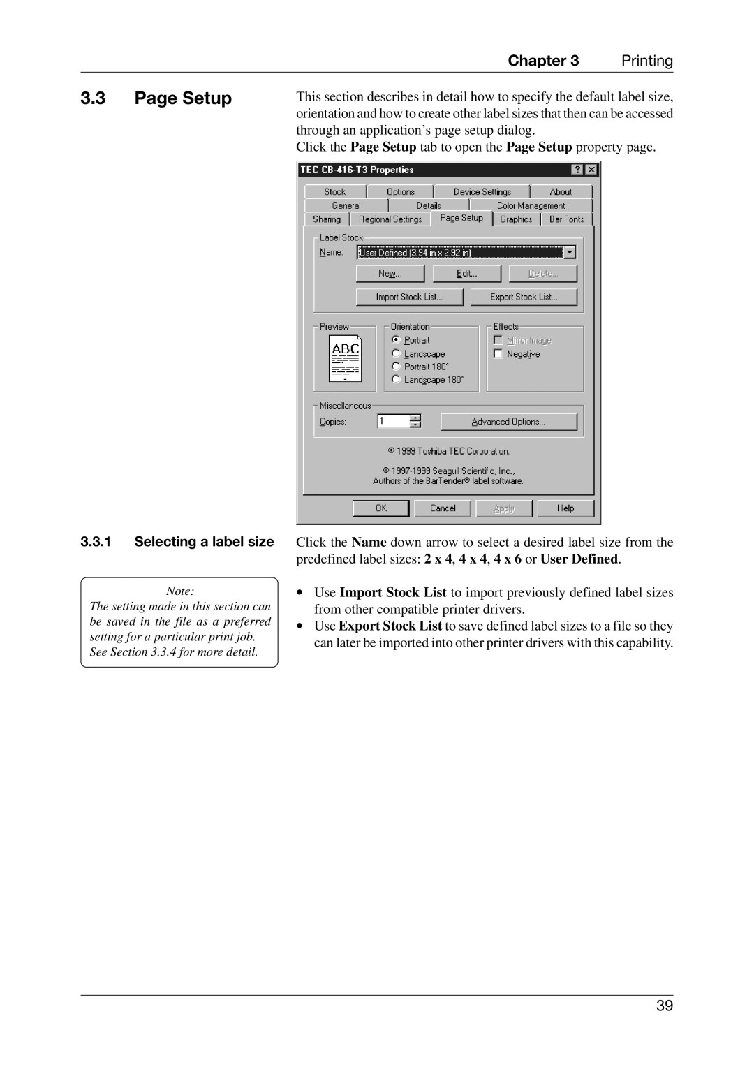 Toshiba CB-416-T3-QQ owner manual Setup, Selecting a label size 