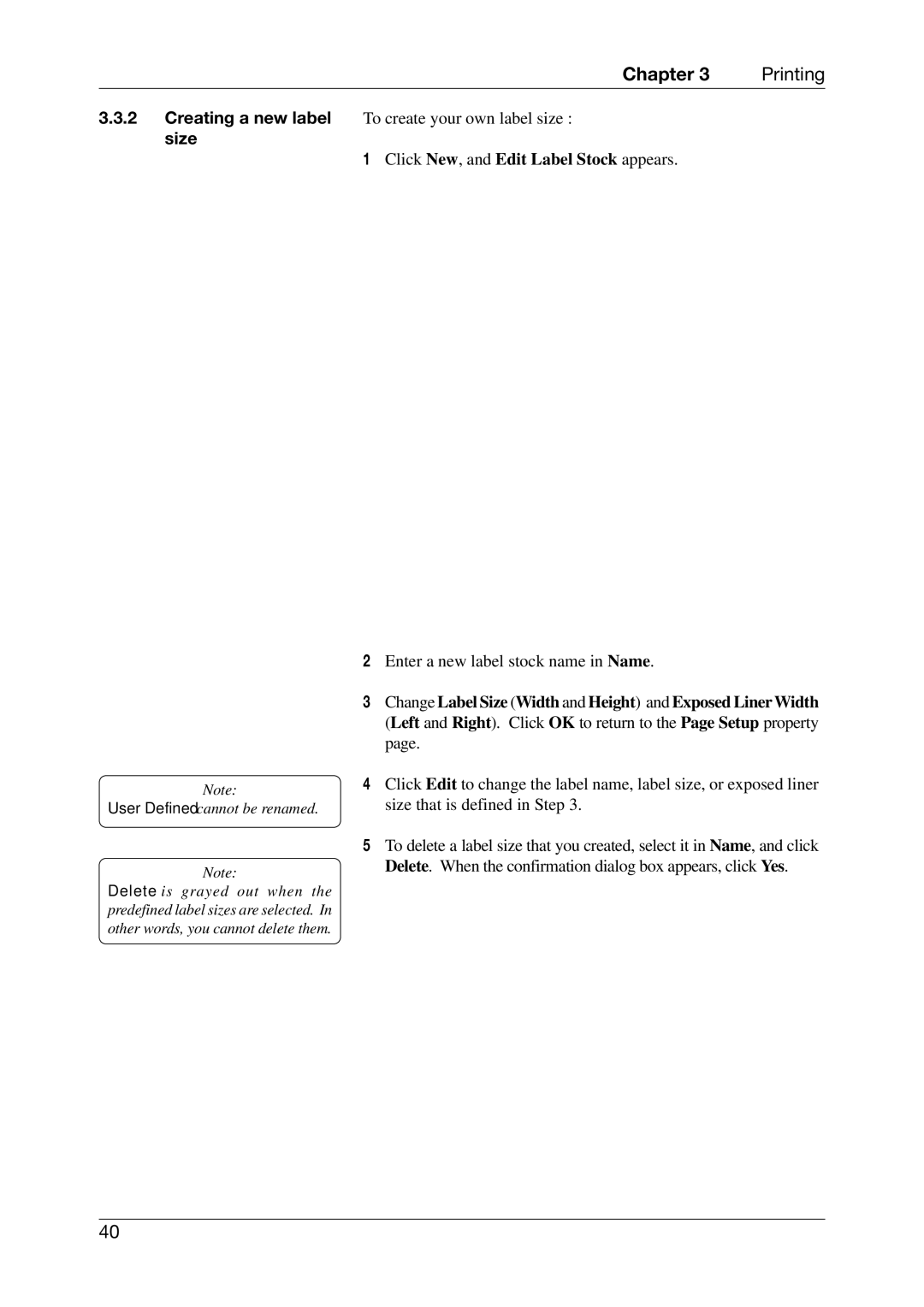 Toshiba CB-416-T3-QQ owner manual Creating a new label size, User Defined cannot be renamed 