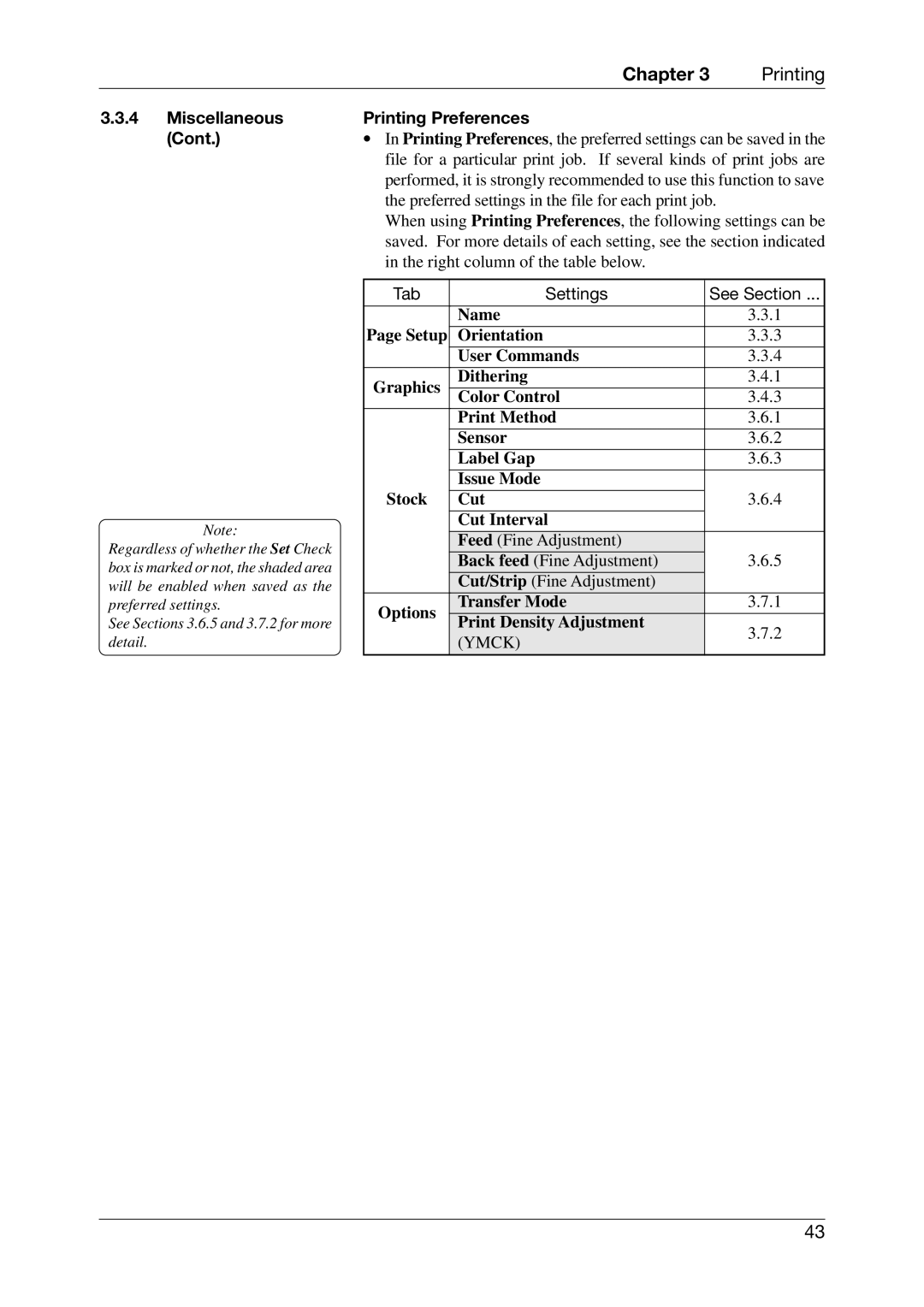 Toshiba CB-416-T3-QQ Printing Preferences, Tab Settings See Section, Name, Transfer Mode Print Density Adjustment 