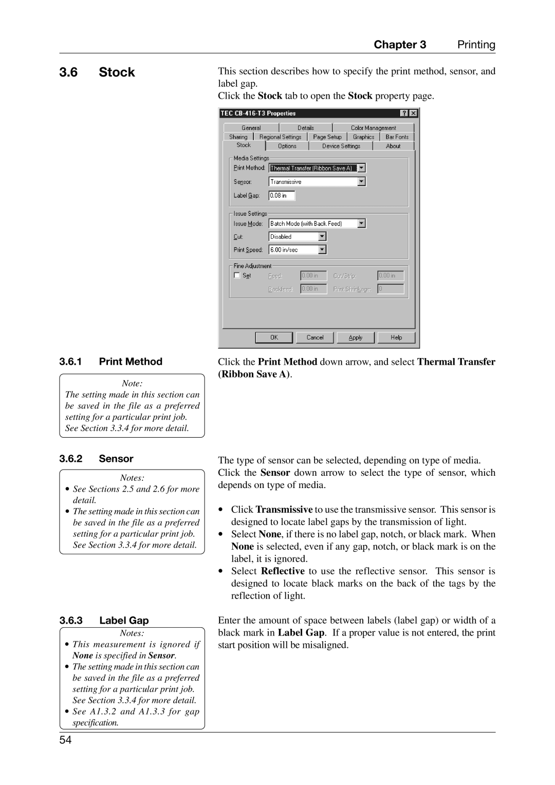 Toshiba CB-416-T3-QQ owner manual Stock, Print Method, Sensor, Label Gap 