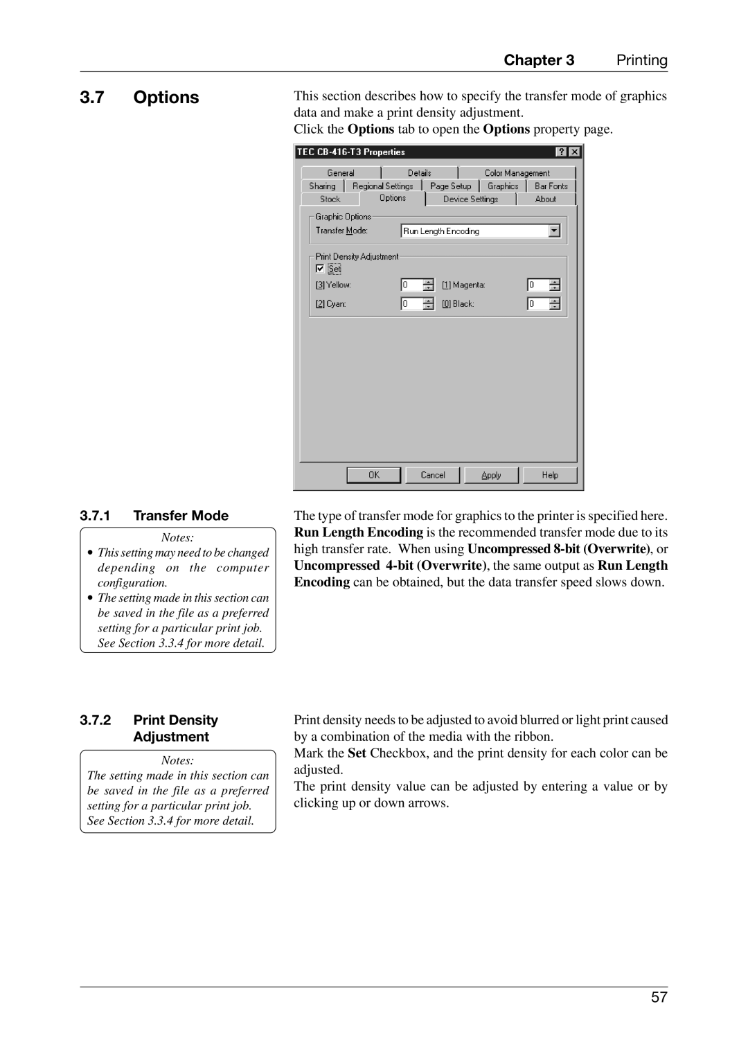 Toshiba CB-416-T3-QQ owner manual Options, Transfer Mode, Print Density Adjustment 