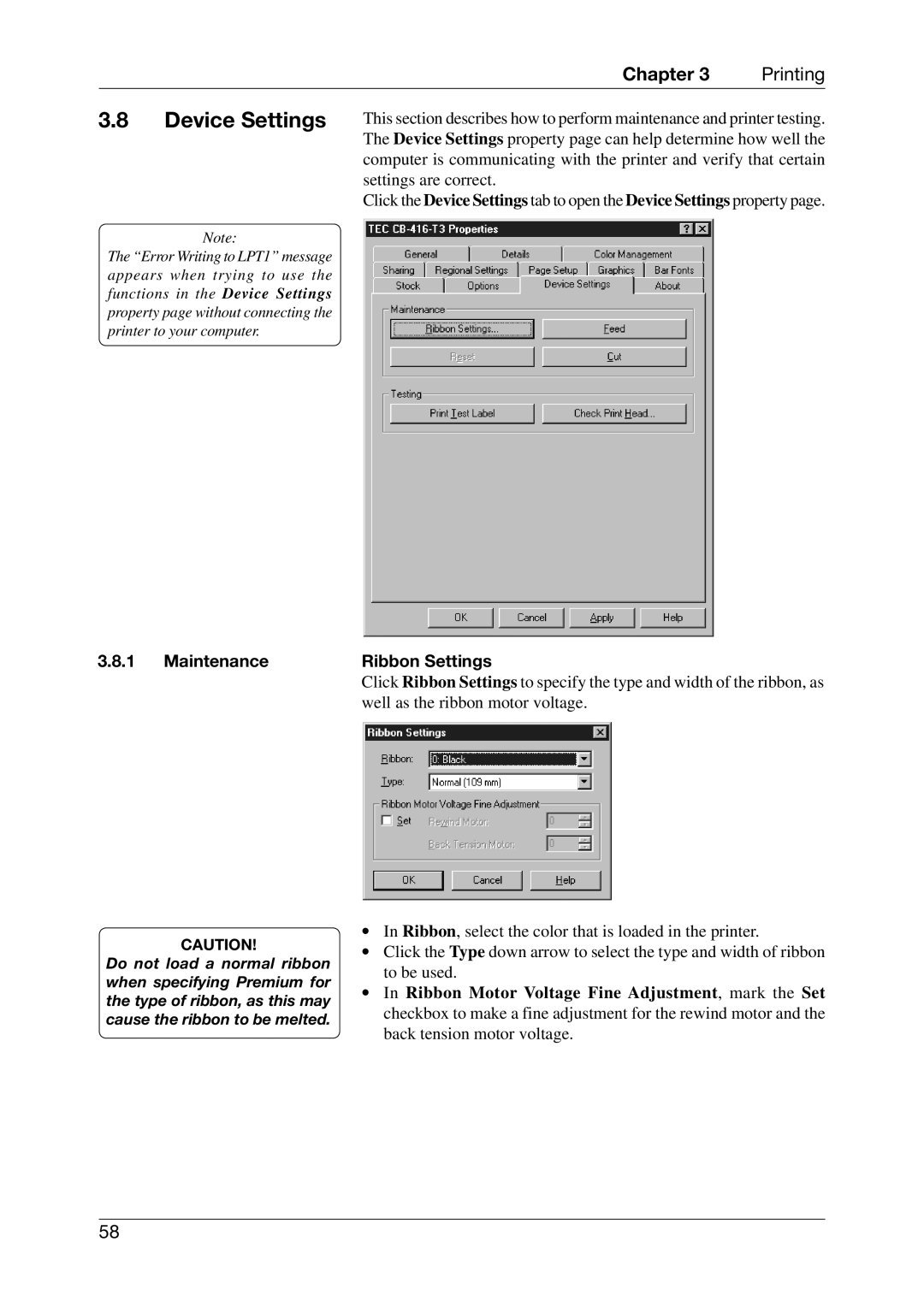 Toshiba CB-416-T3-QQ owner manual Device Settings, Maintenance, Ribbon Settings 