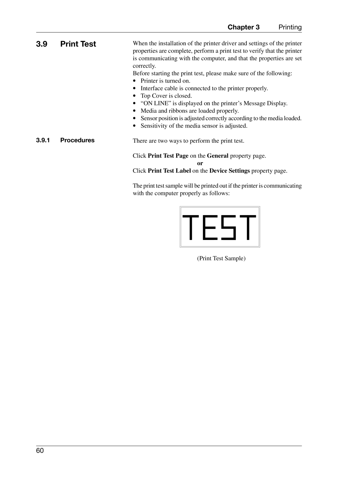 Toshiba CB-416-T3-QQ owner manual Procedures, Click Print Test Label on the Device Settings property 