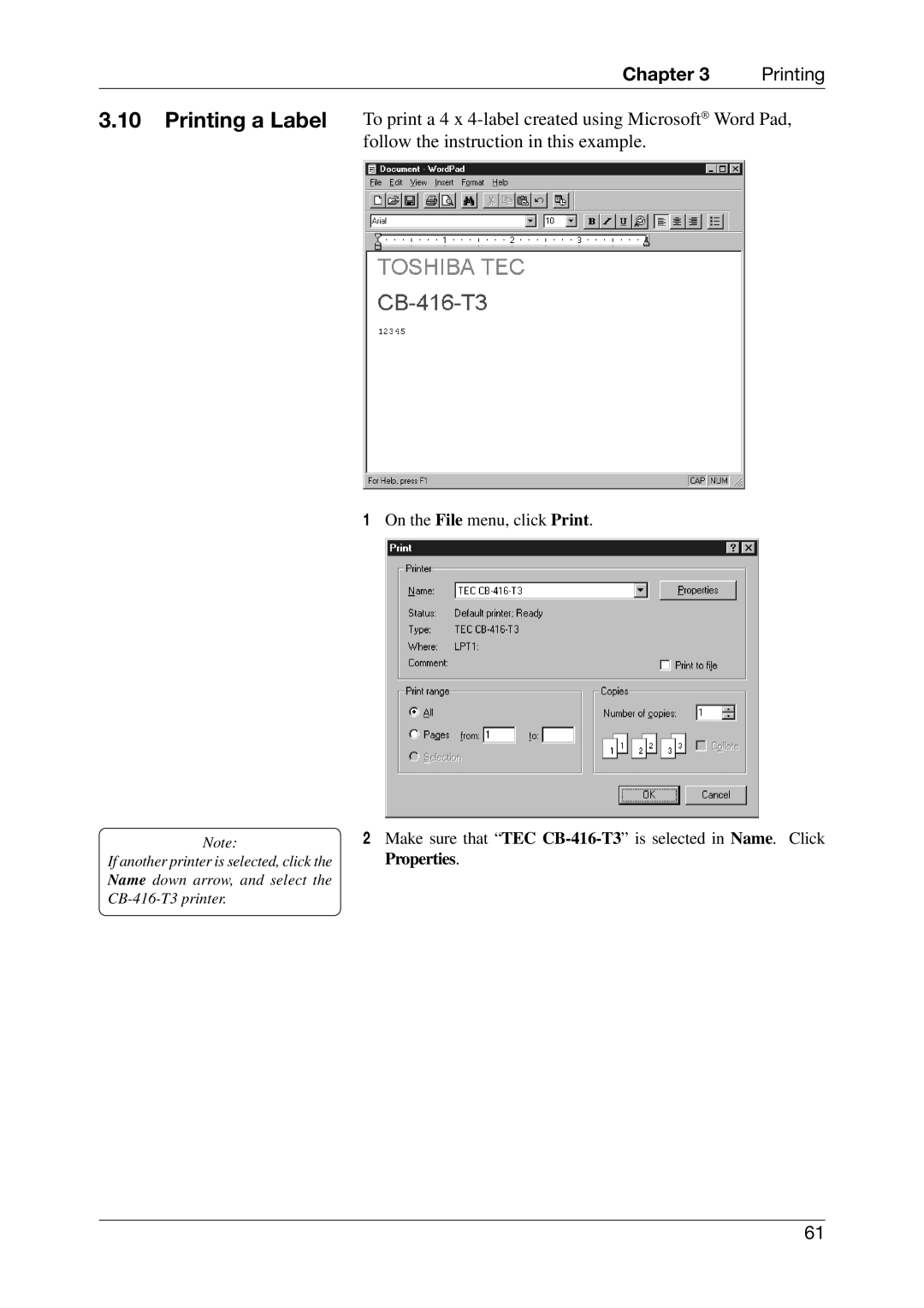 Toshiba CB-416-T3-QQ owner manual Printing a Label, On the File menu, click Print 