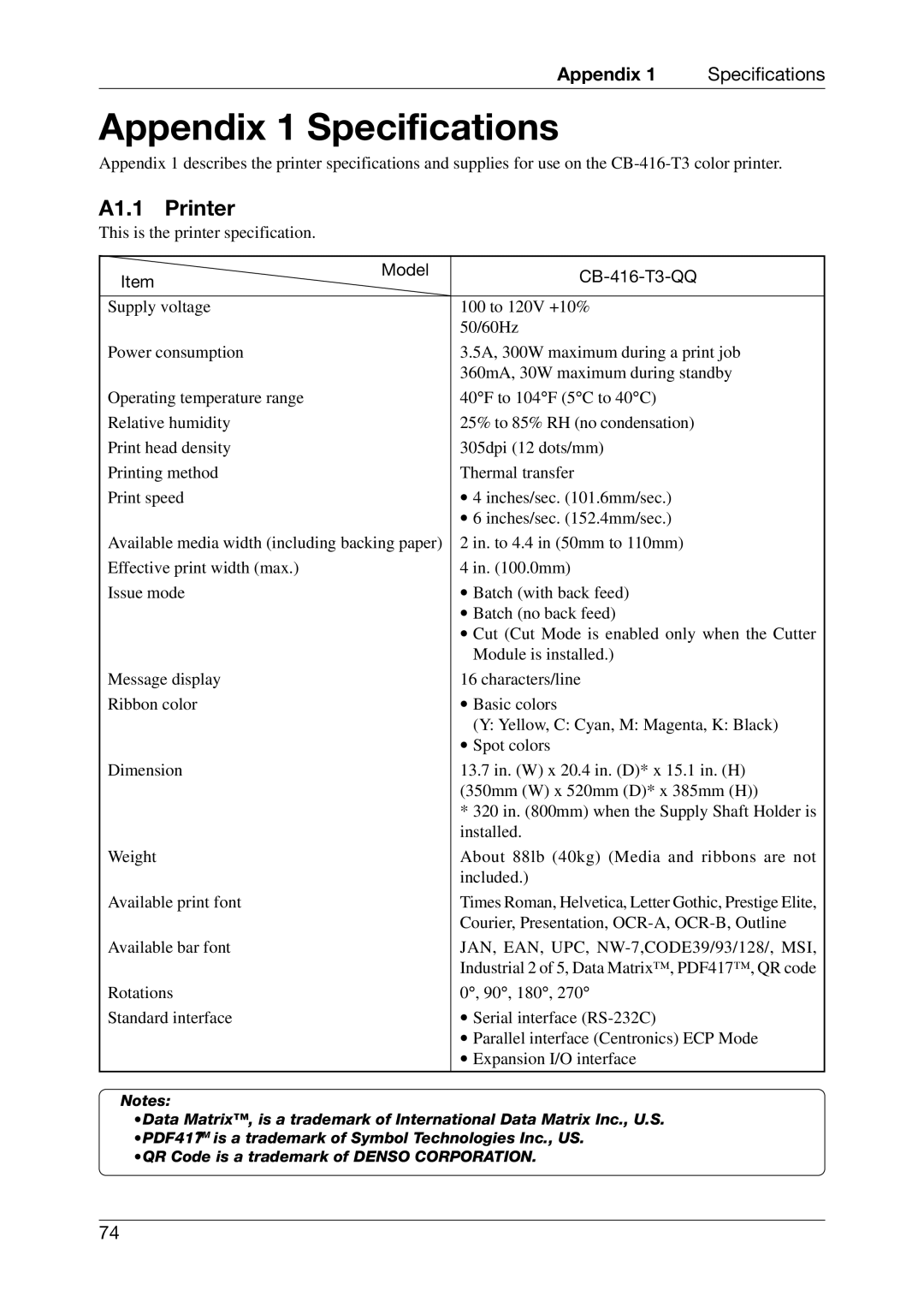 Toshiba owner manual Appendix 1 Specifications, A1.1 Printer, Model CB-416-T3-QQ 