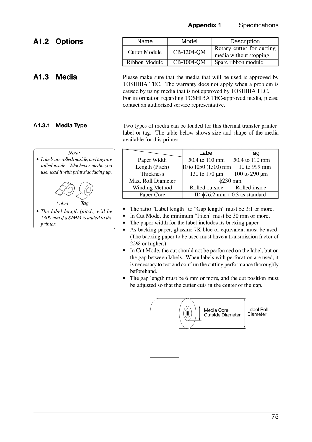 Toshiba CB-416-T3-QQ owner manual A1.2 Options A1.3 Media, Name Model Description, A1.3.1 Media Type, Label Tag 