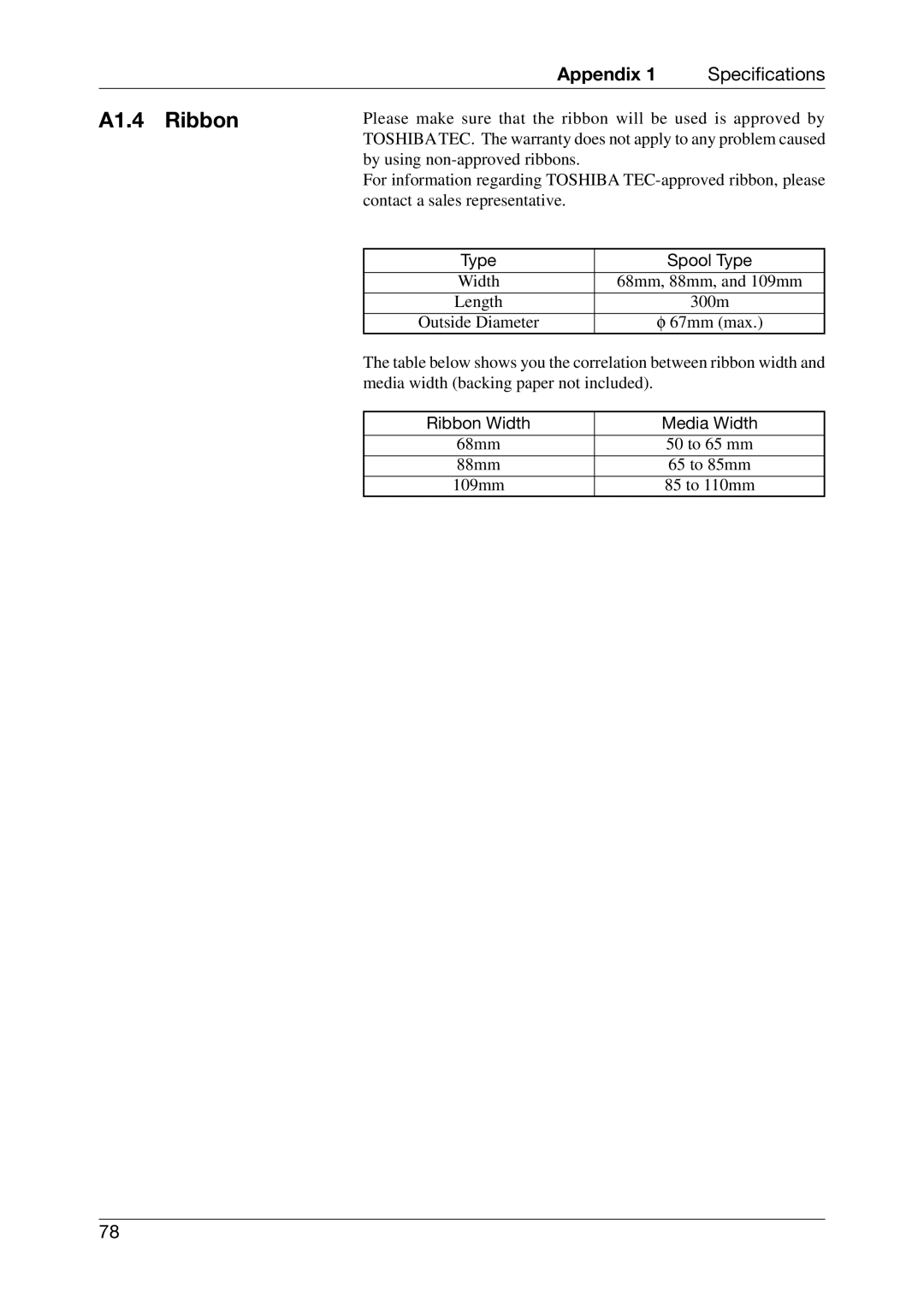 Toshiba CB-416-T3-QQ owner manual A1.4 Ribbon, Type Spool Type 