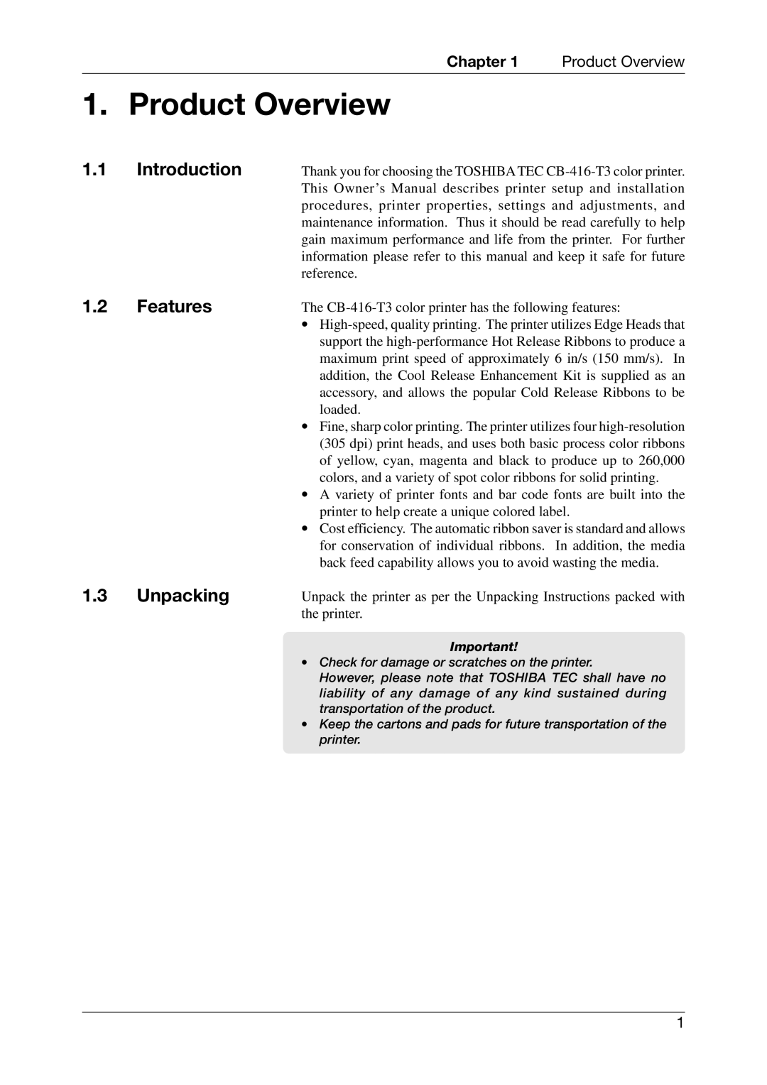 Toshiba CB-416-T3-QQ owner manual Product Overview, Introduction Features Unpacking 