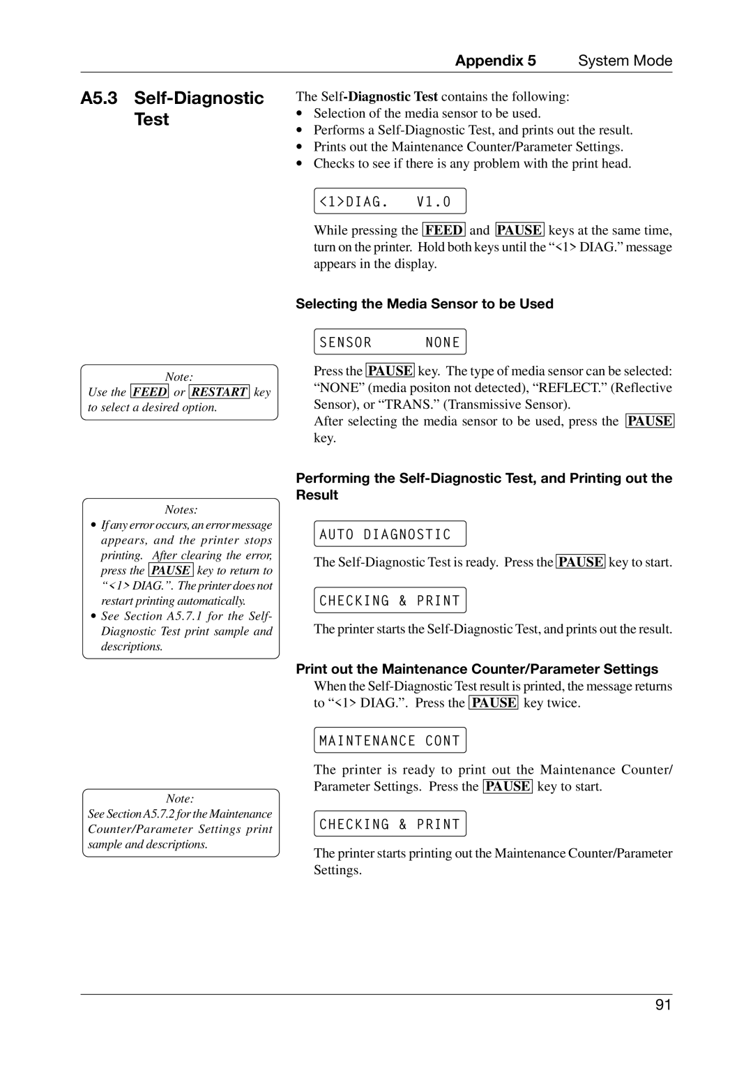 Toshiba CB-416-T3-QQ owner manual A5.3 Self-Diagnostic Test, Sensor None, Auto Diagnostic, Checking & Print, Maintenance 