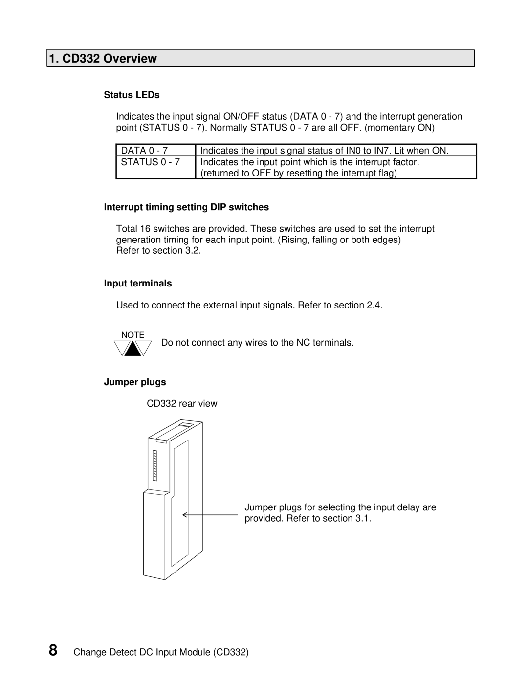 Toshiba CD332 user manual Status LEDs, Interrupt timing setting DIP switches, Input terminals, Jumper plugs 