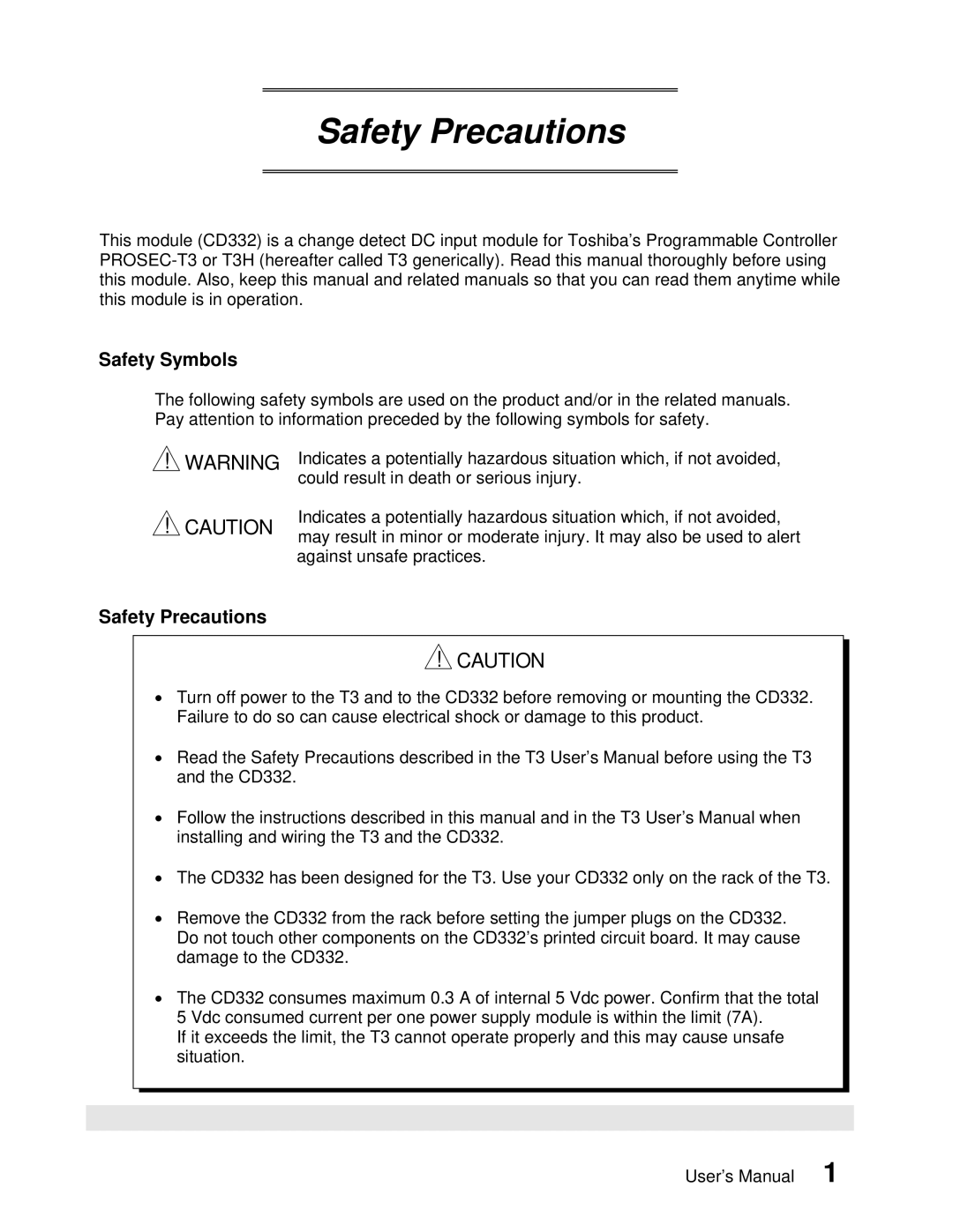 Toshiba CD332 user manual Safety Symbols, Safety Precautions 